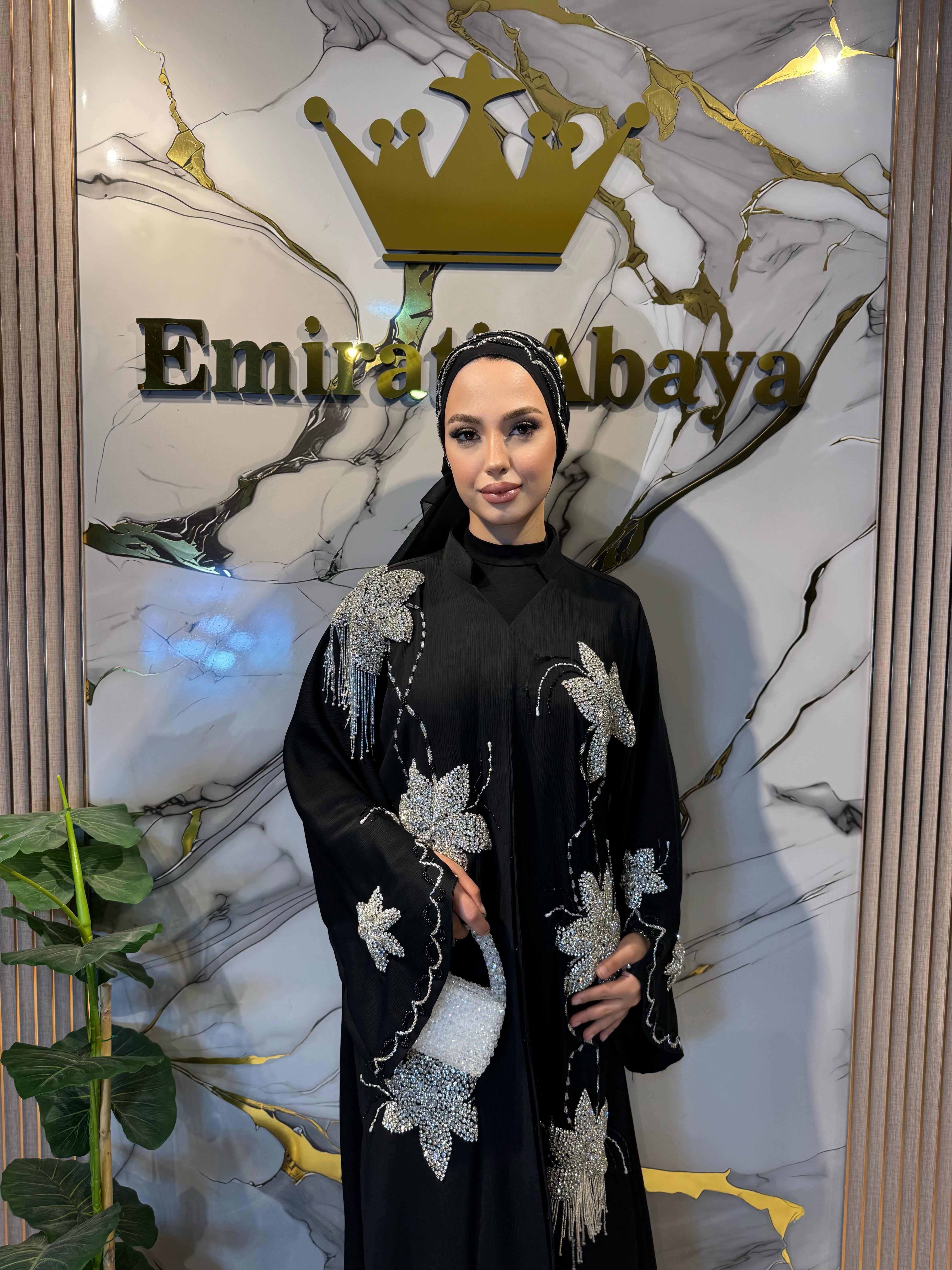 Black Chiffon Hand Embroidered White Flower Stone Abaya