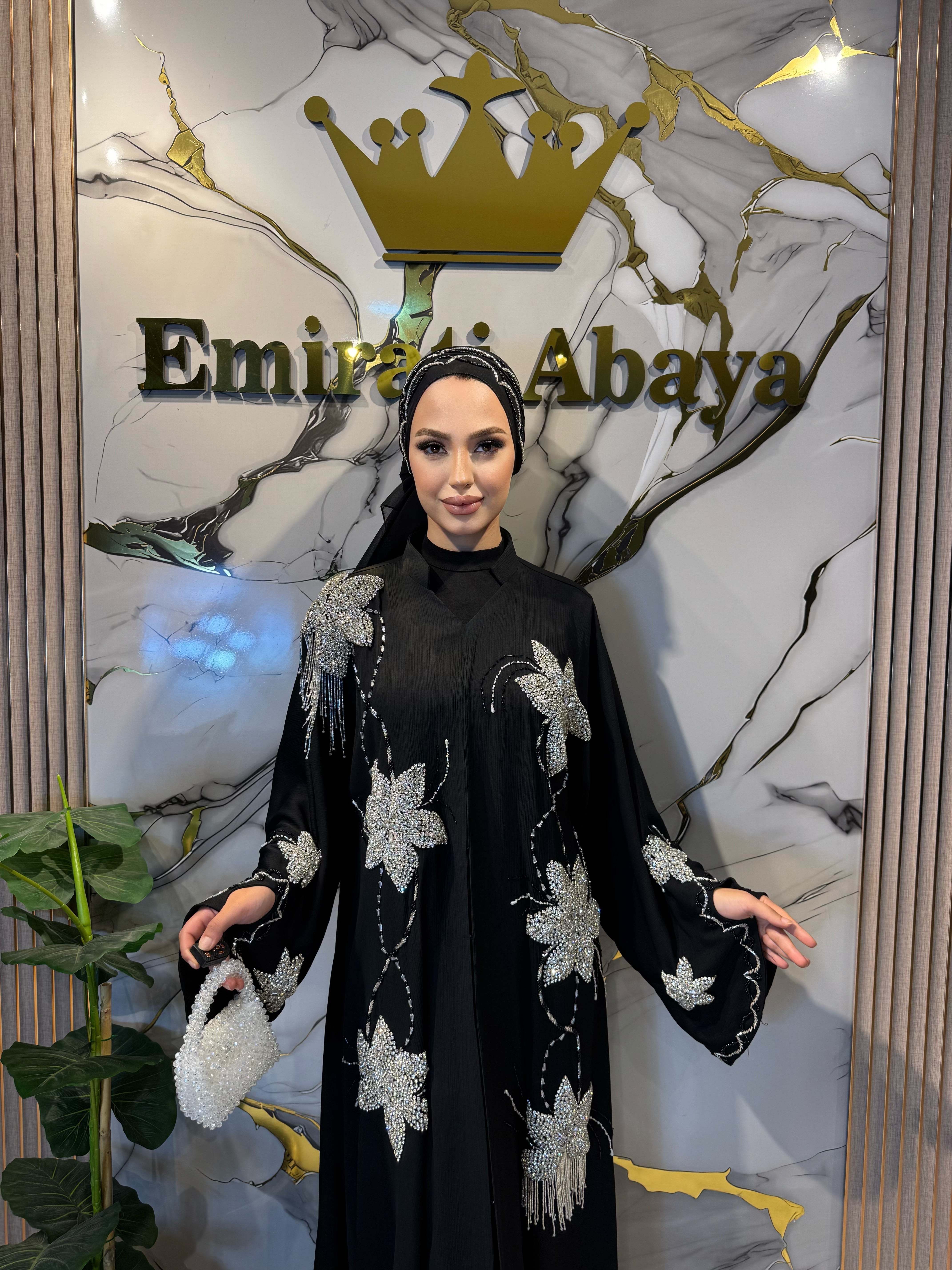 Black Chiffon Hand Embroidered White Flower Stone Abaya