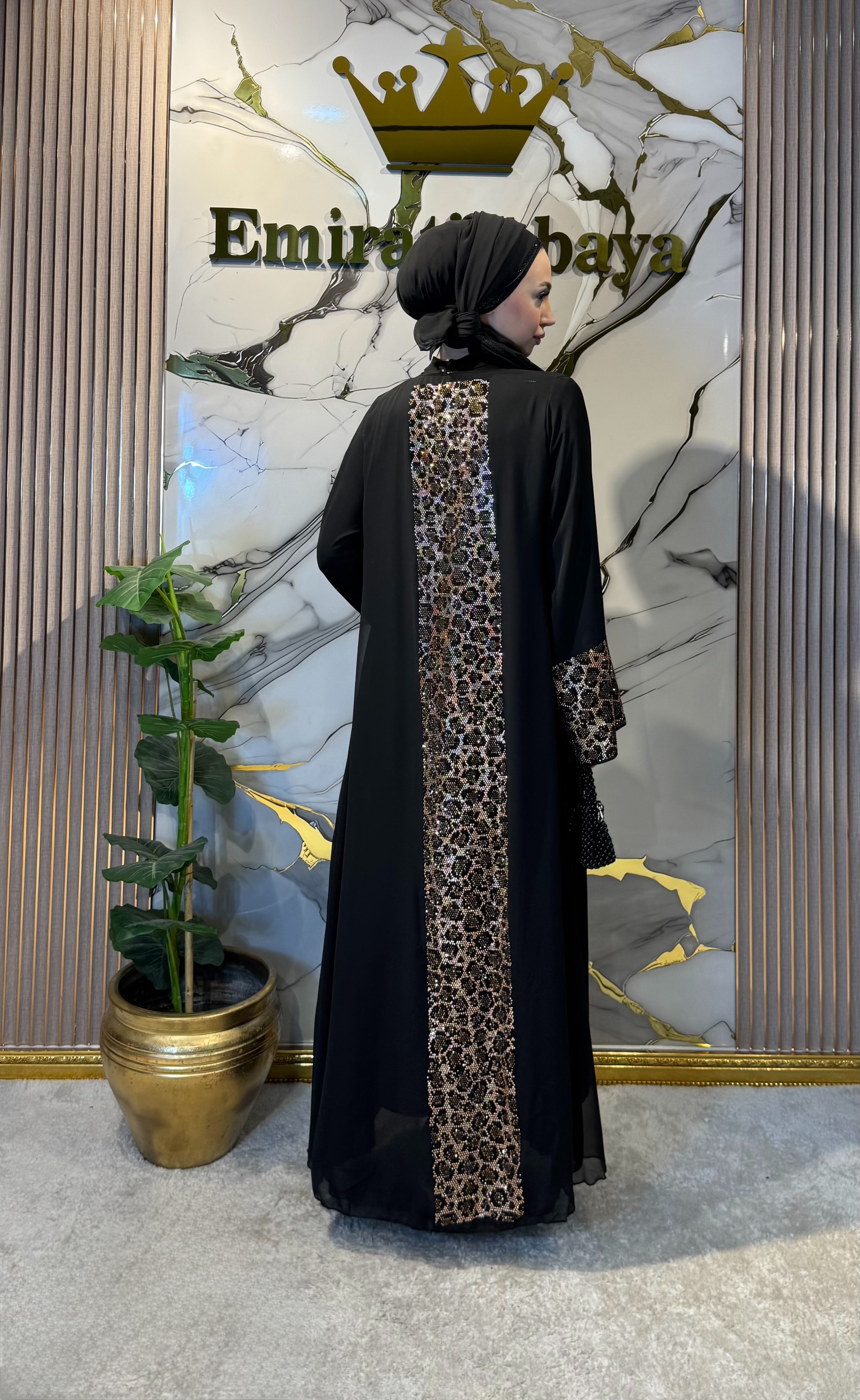 Leopar Taş Detaylı Şifon Siyah Abaya