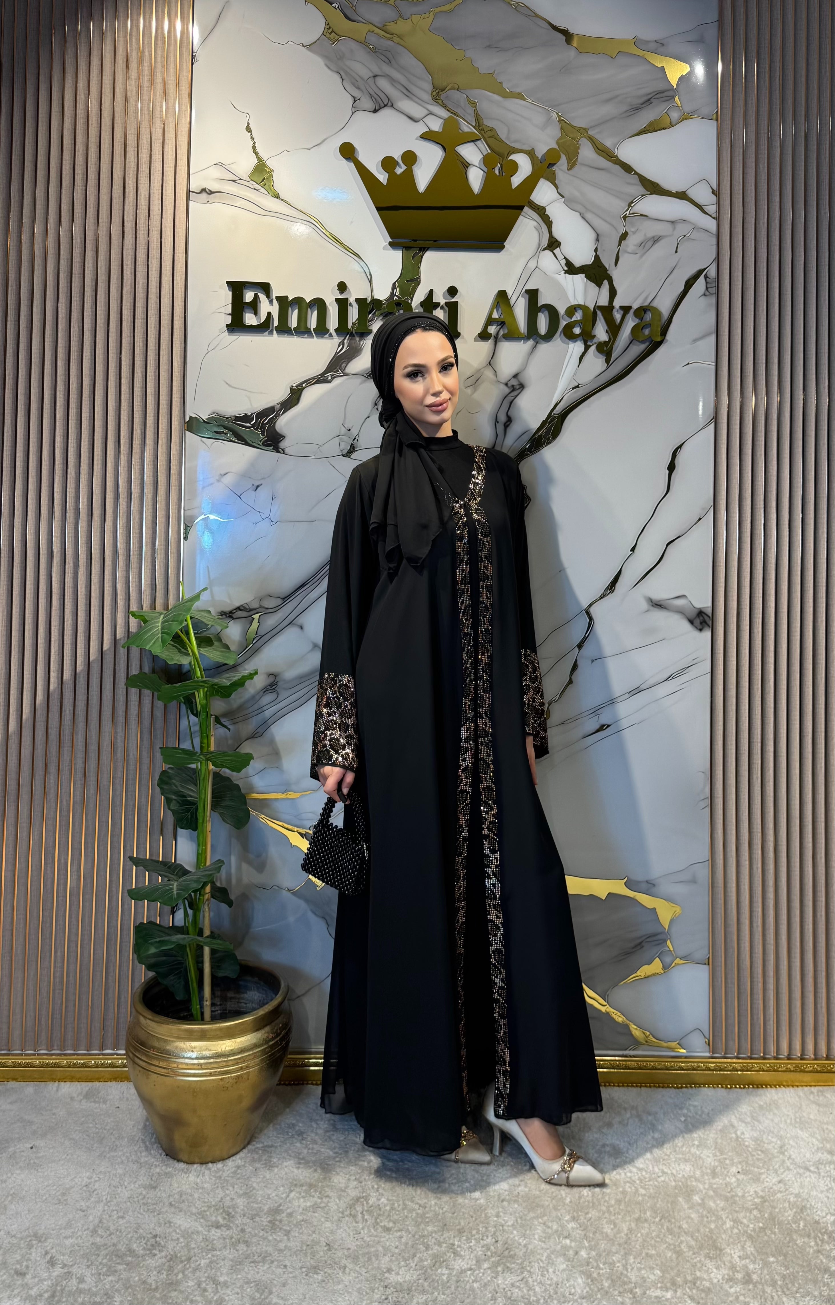 Leopar Taş Detaylı Şifon Siyah Abaya