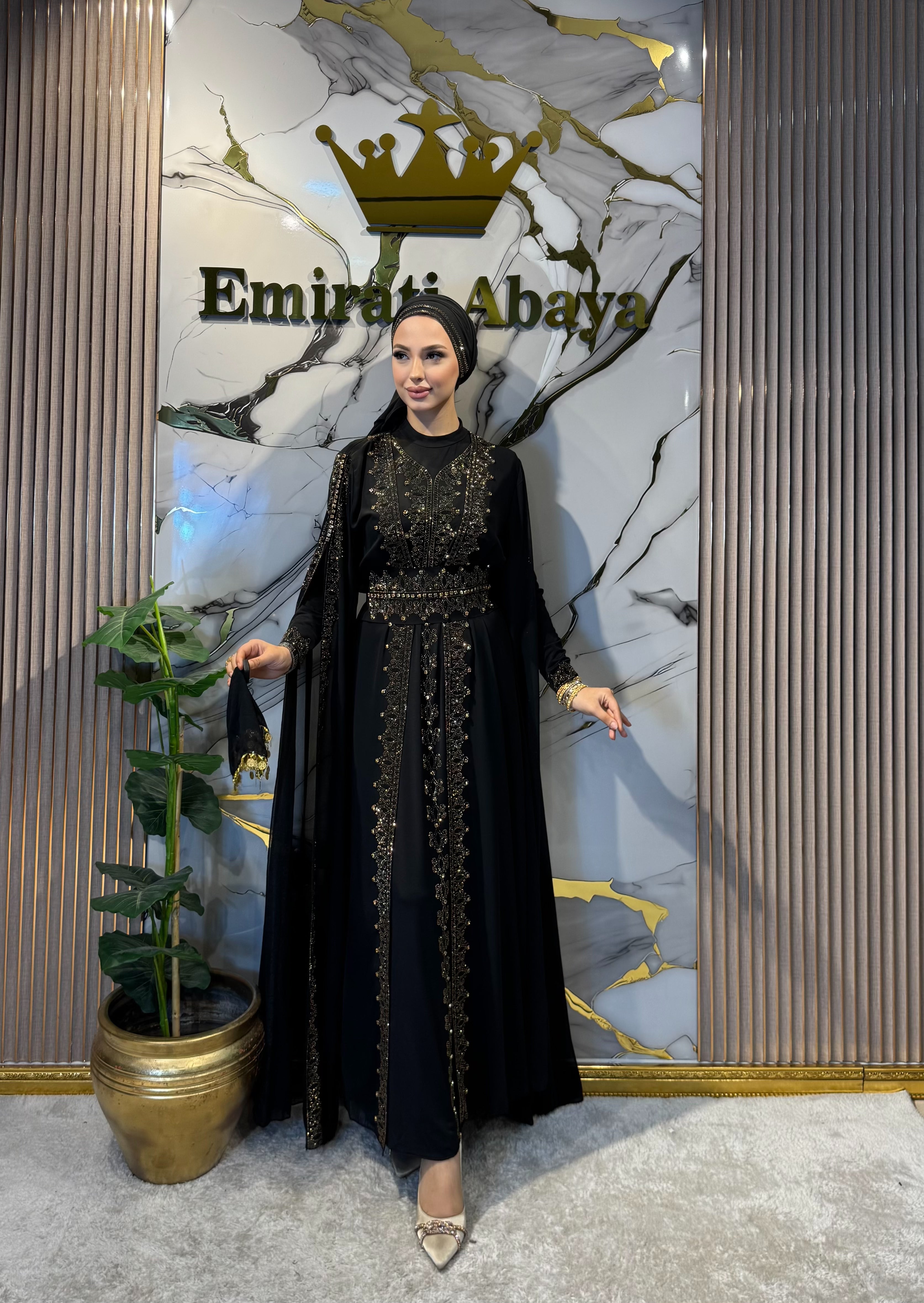 Gold Taş İşlemeli Şifon Kumaş Açık Kollu yöresel Abaya