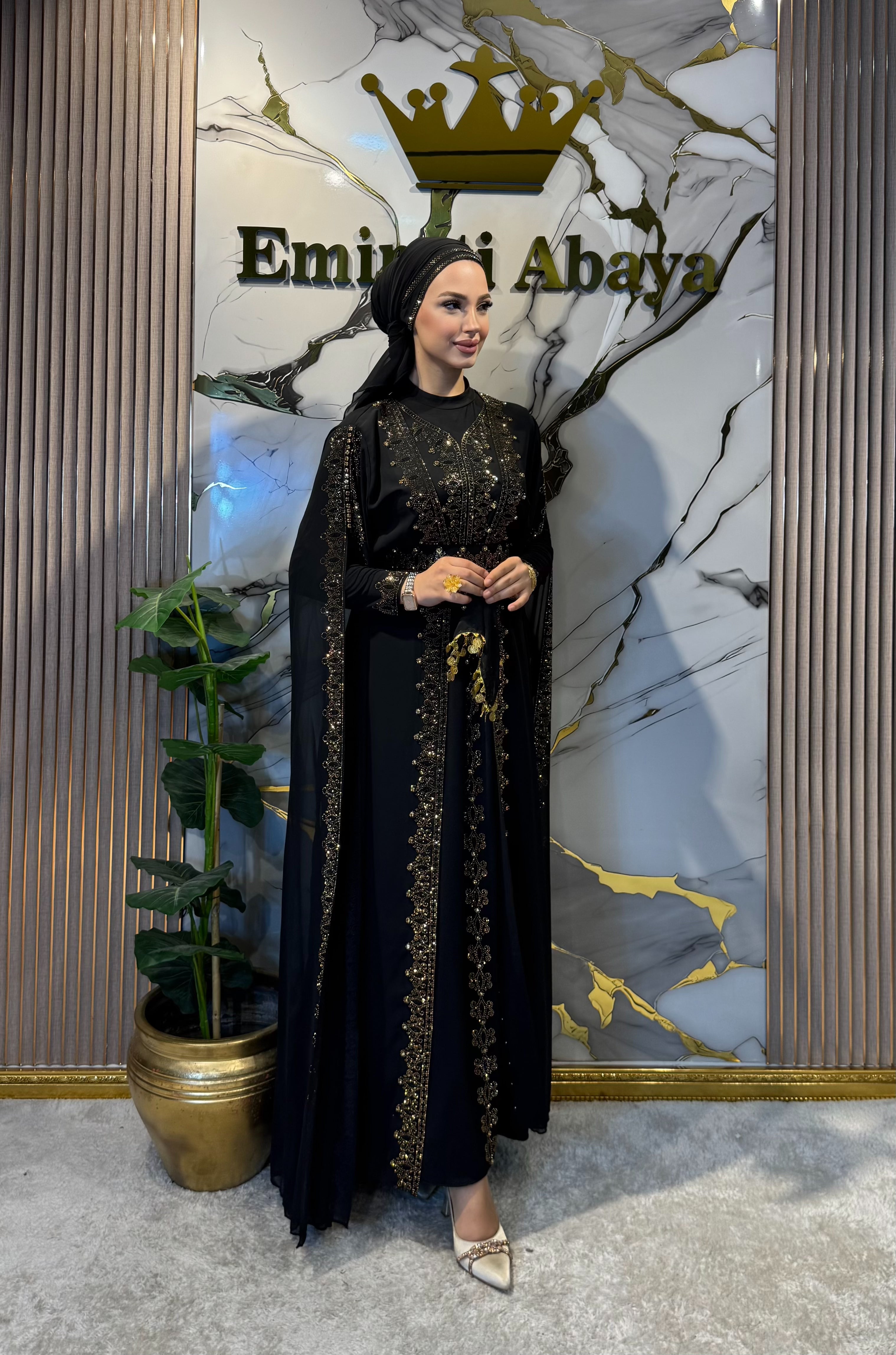 Gold Taş İşlemeli Şifon Kumaş Açık Kollu yöresel Abaya
