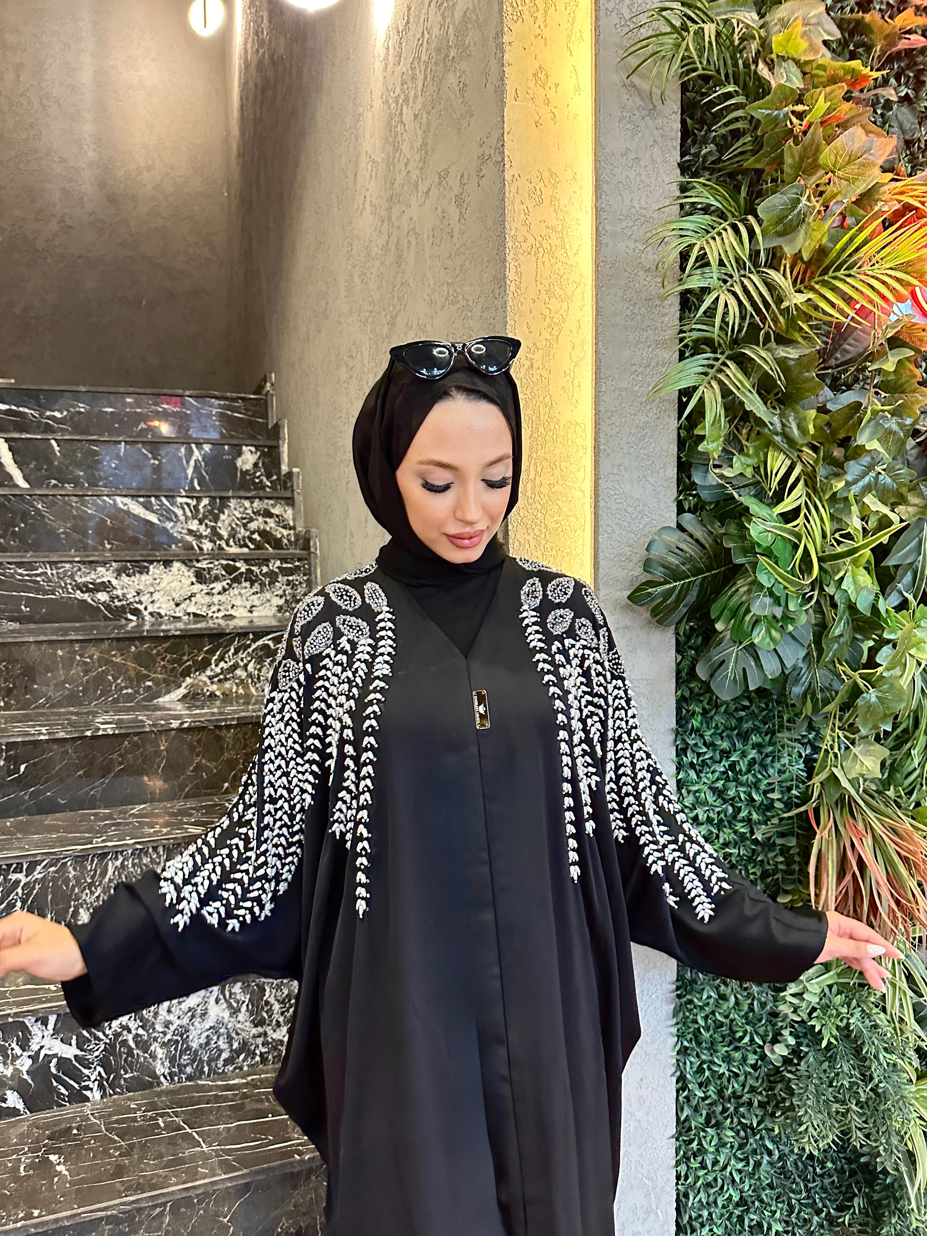 Black Abaya with Pearls and Swarovski Stone Embroidered Shoulders