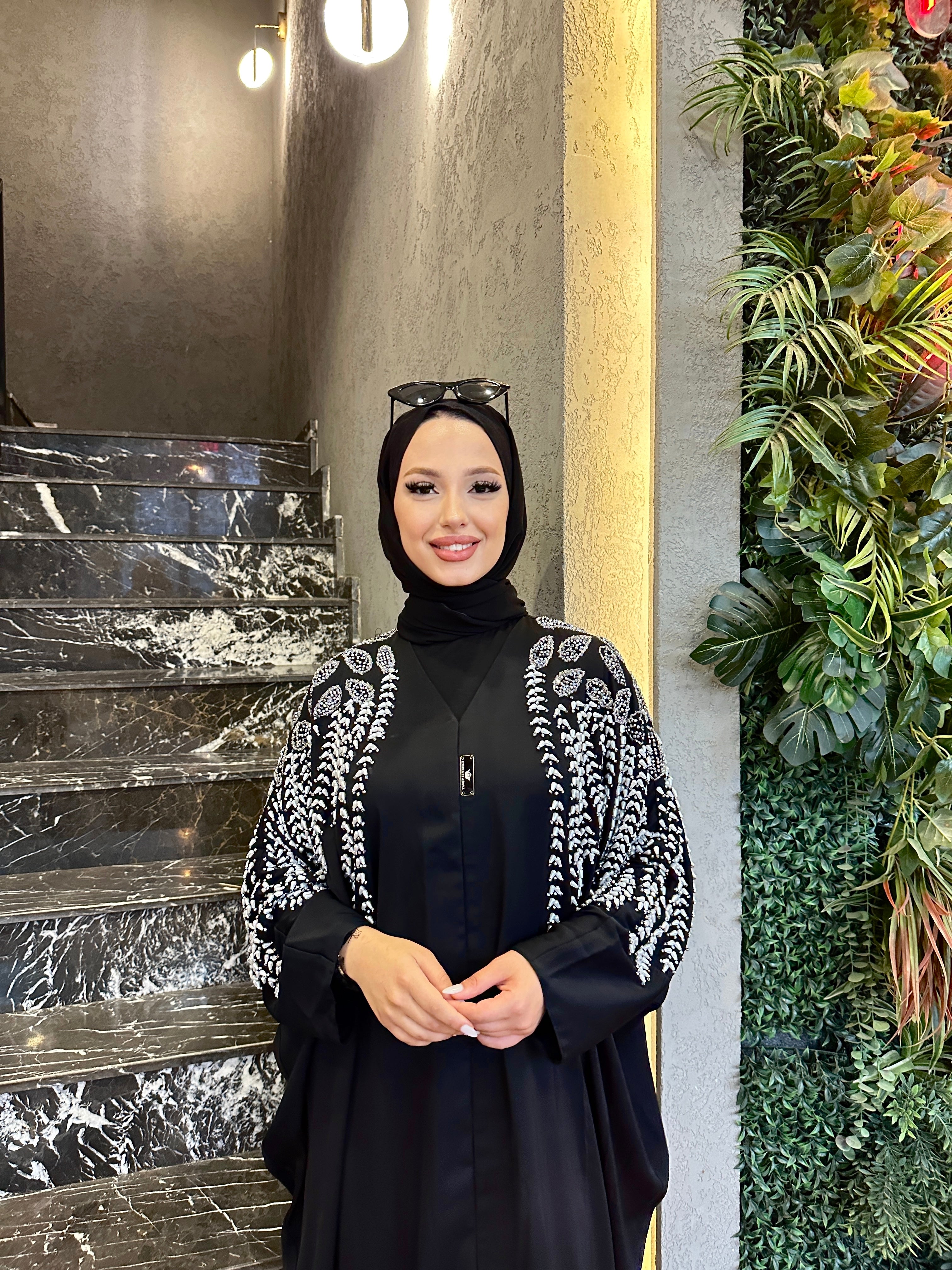 Black Abaya with Pearls and Swarovski Stone Embroidered Shoulders