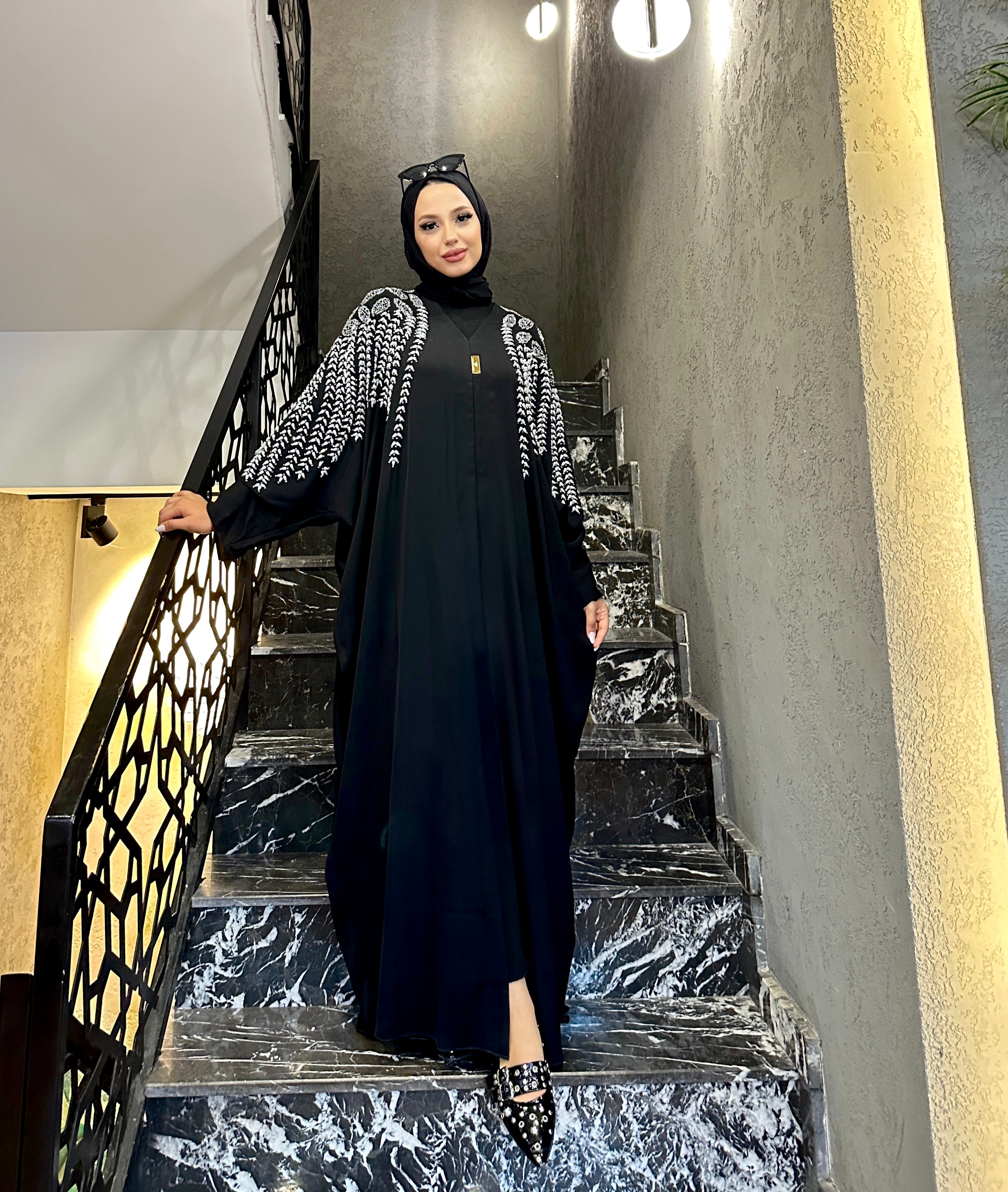 Black Abaya with Pearls and Swarovski Stone Embroidered Shoulders