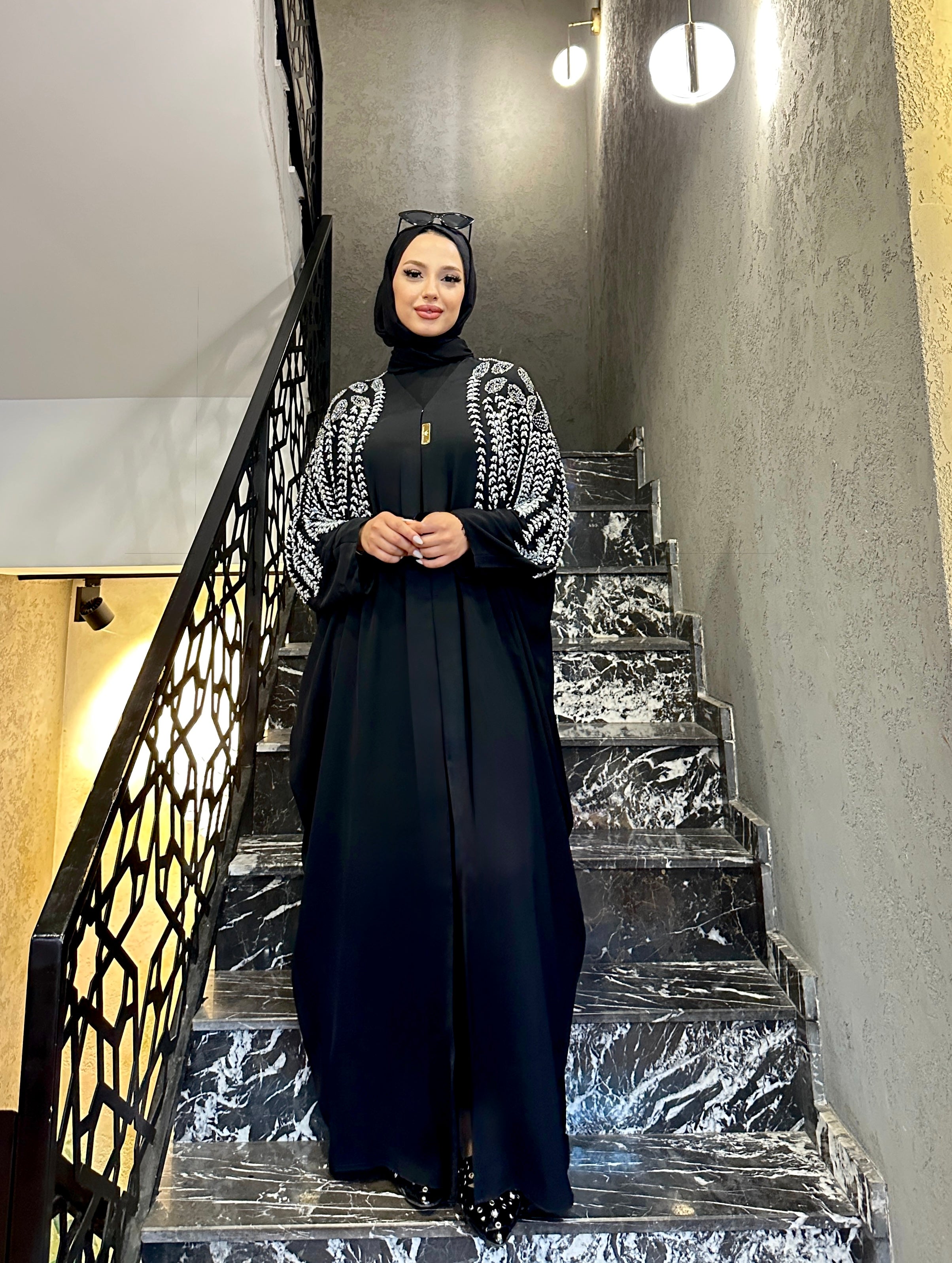 Black Abaya with Pearls and Swarovski Stone Embroidered Shoulders