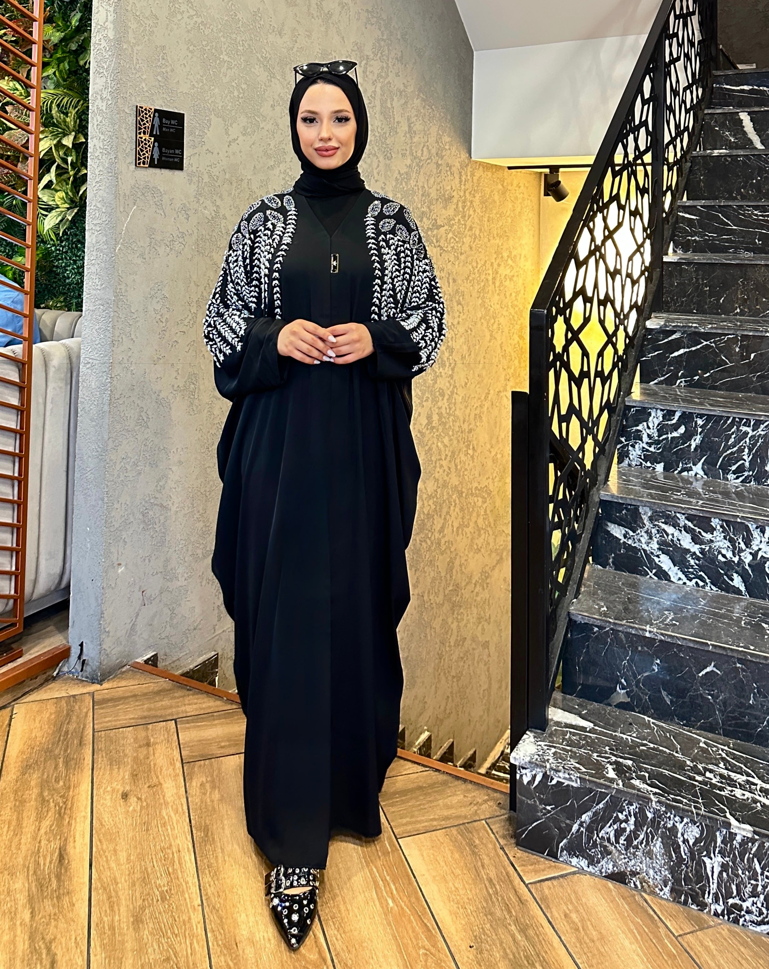 Black Abaya with Pearls and Swarovski Stone Embroidered Shoulders