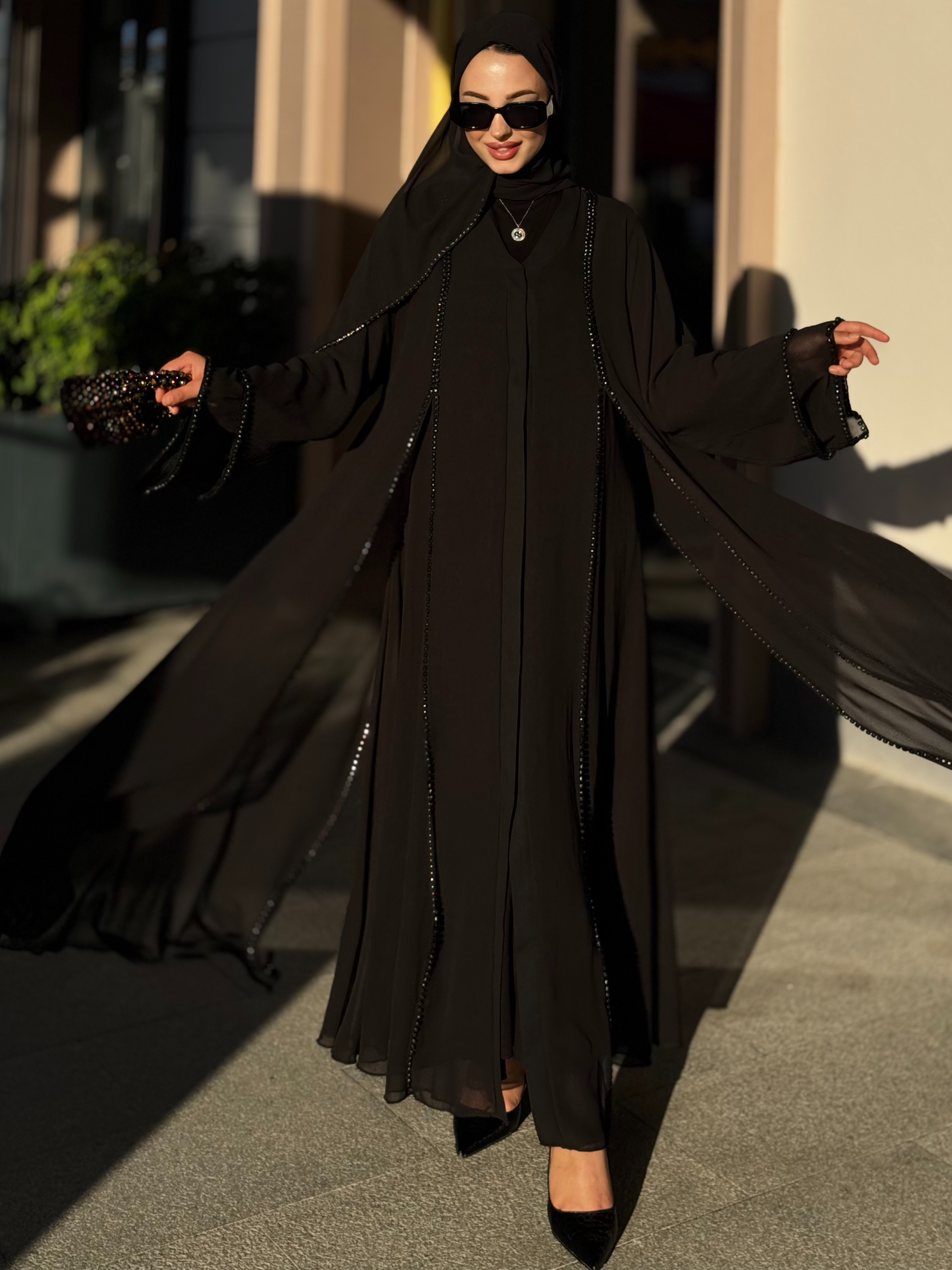 Front Slit Black Stone Chiffon Black Abaya