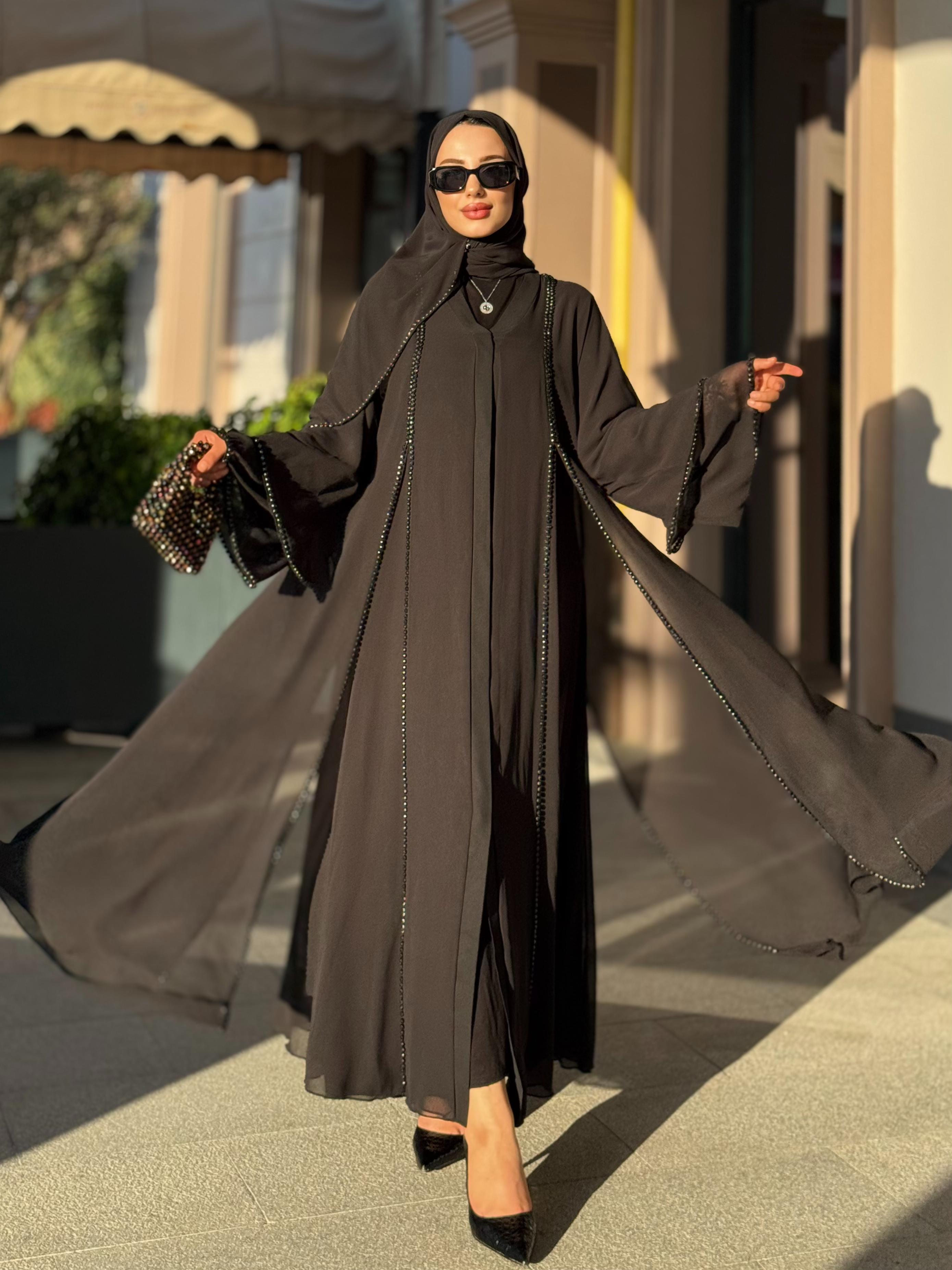 Front Slit Black Stone Chiffon Black Abaya