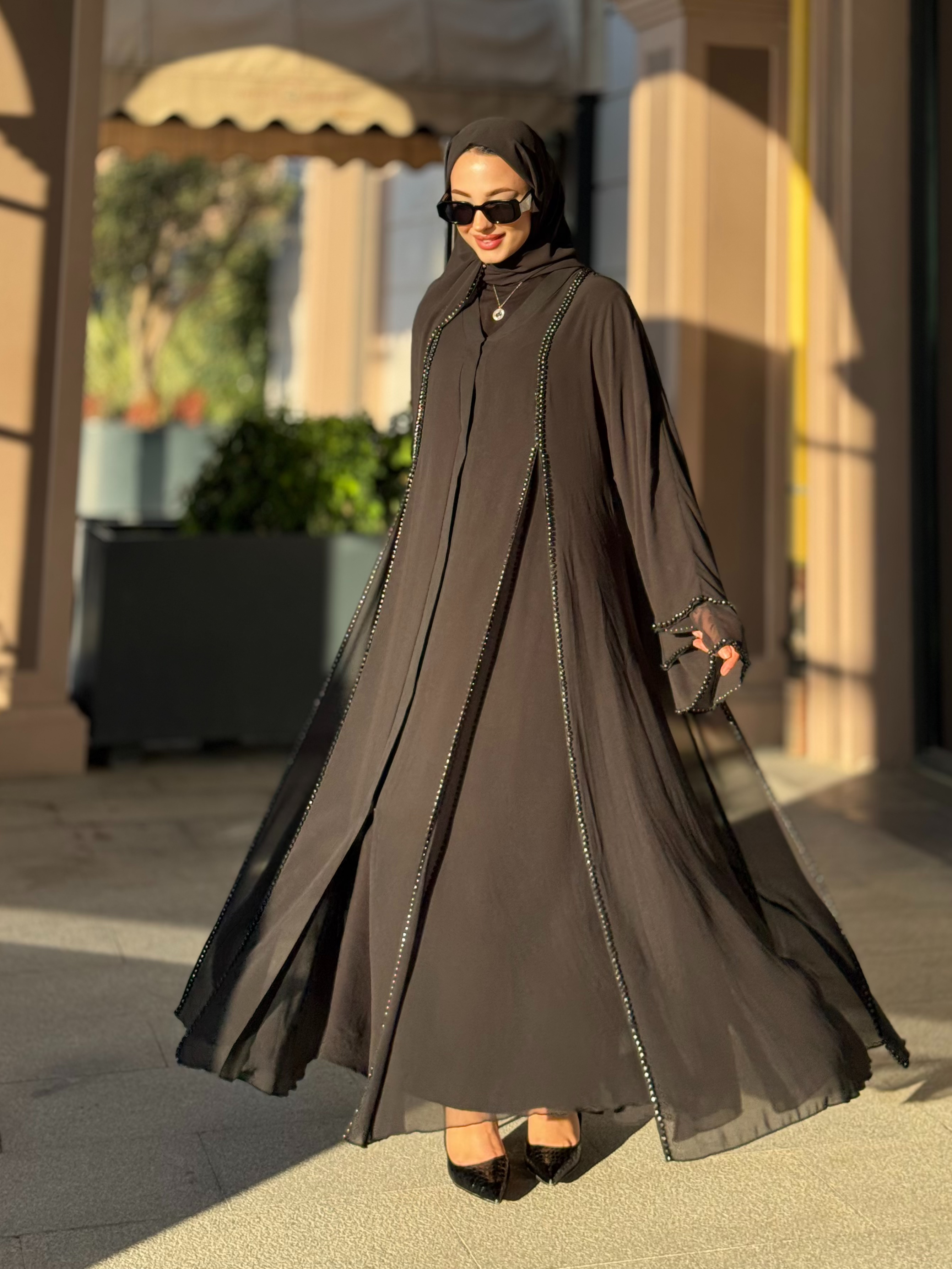 Front Slit Black Stone Chiffon Black Abaya