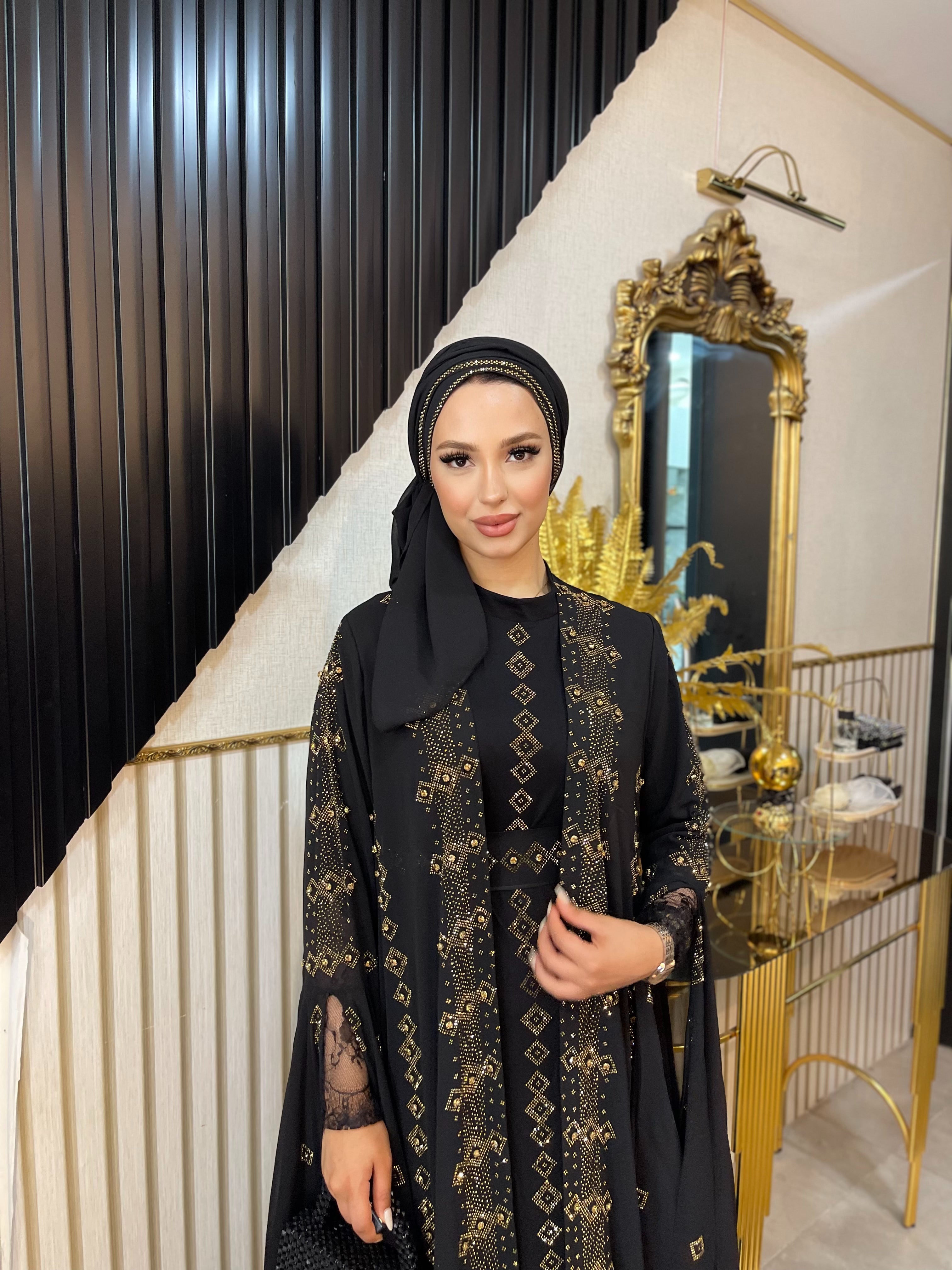 Gold Taş İşlemeli Şifon Abaya Takımı