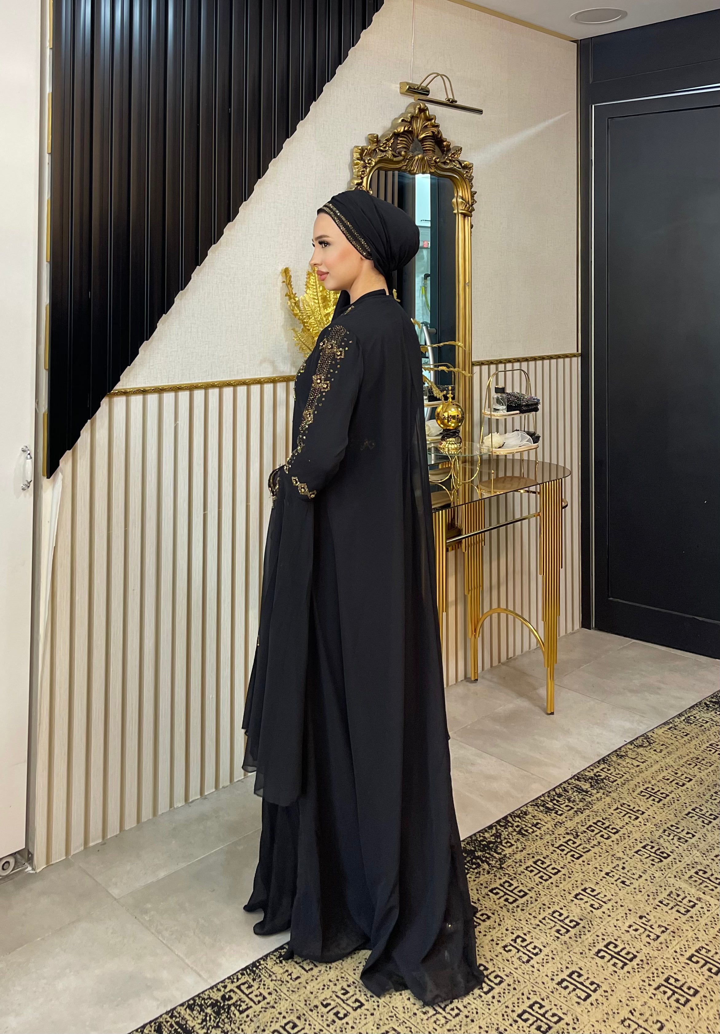 Gold Taş İşlemeli Şifon Abaya Takımı