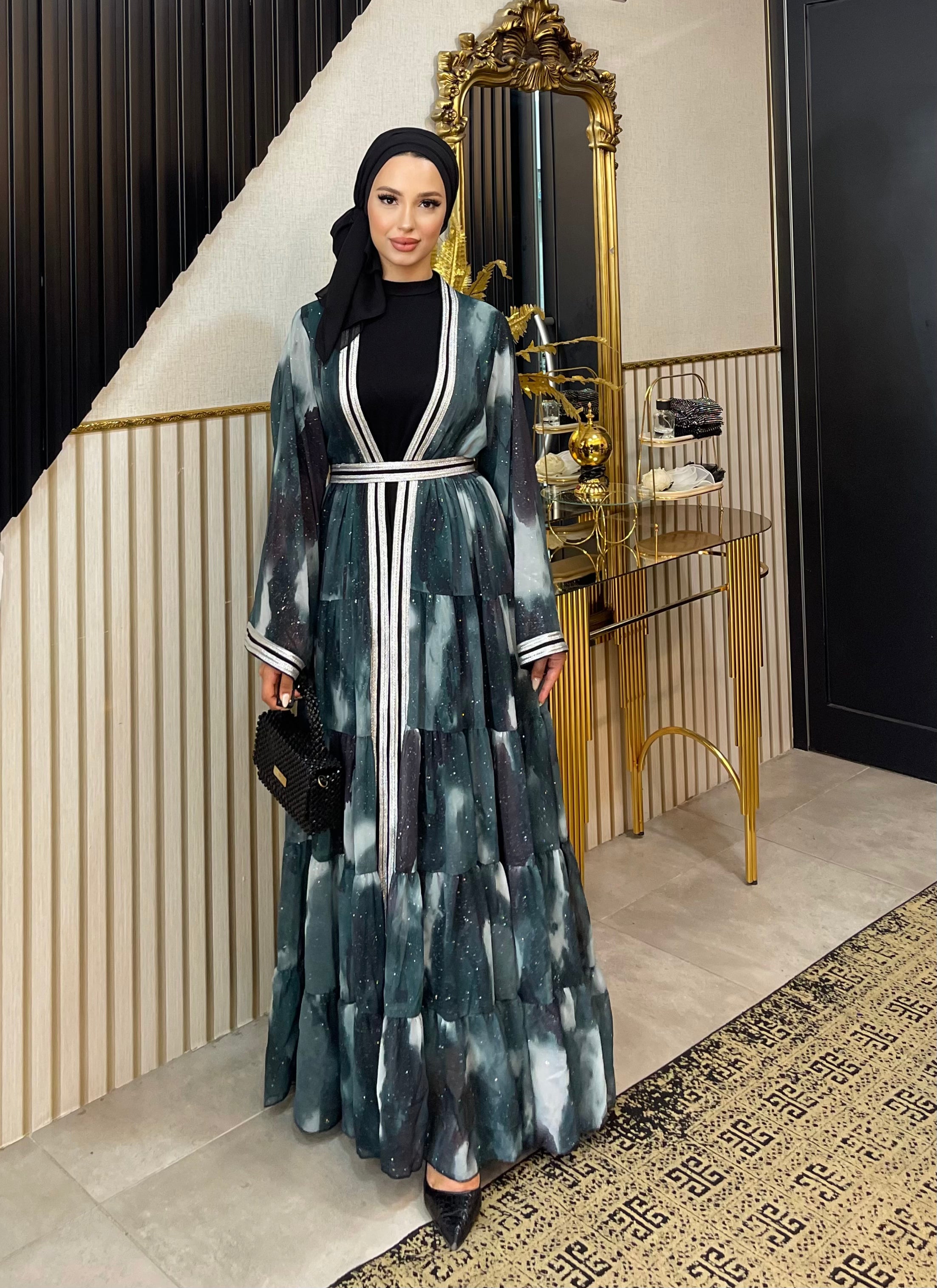 Bulut Desenli Şifon Abaya Takımı