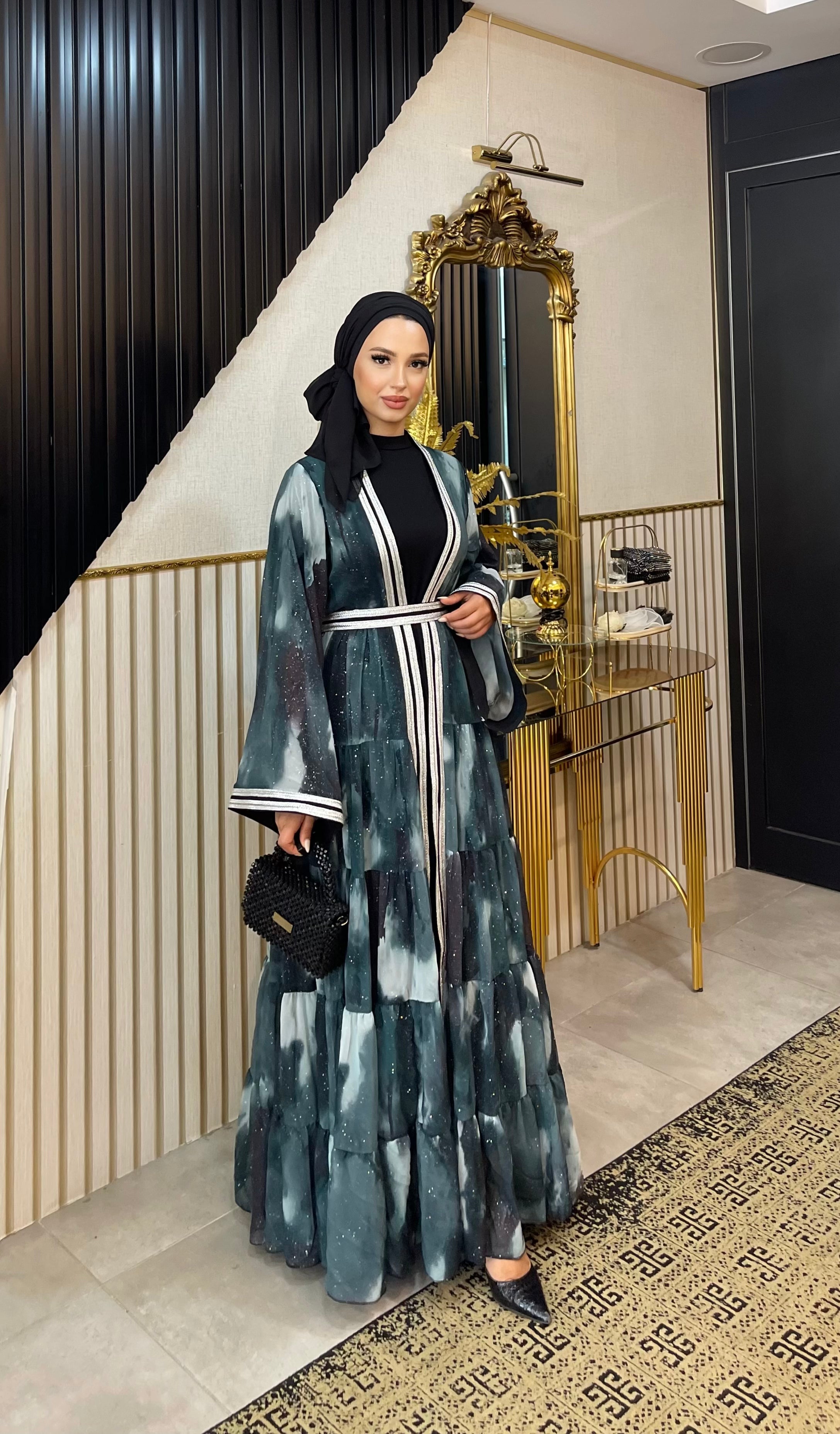 Bulut Desenli Şifon Abaya Takımı