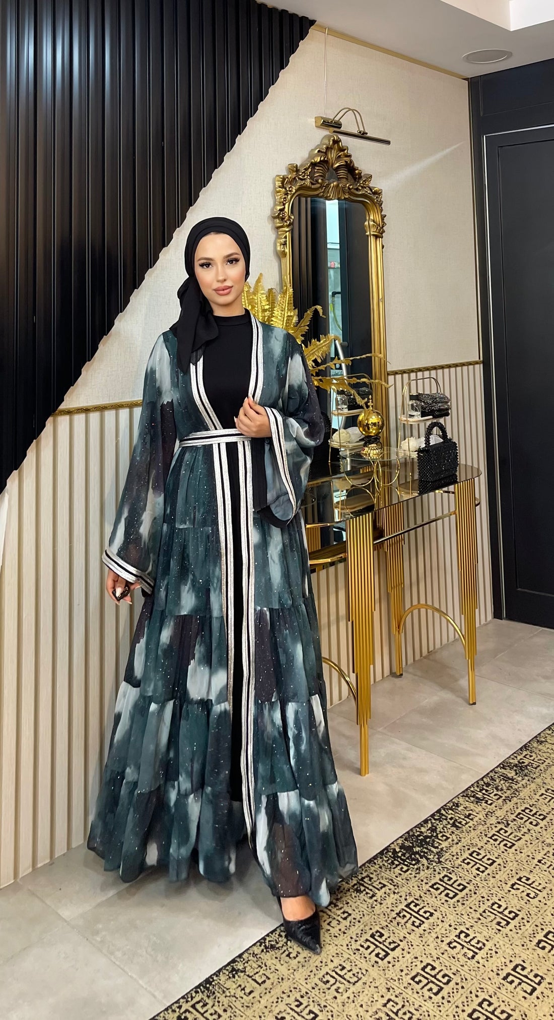 Bulut Desenli Şifon Abaya Takımı