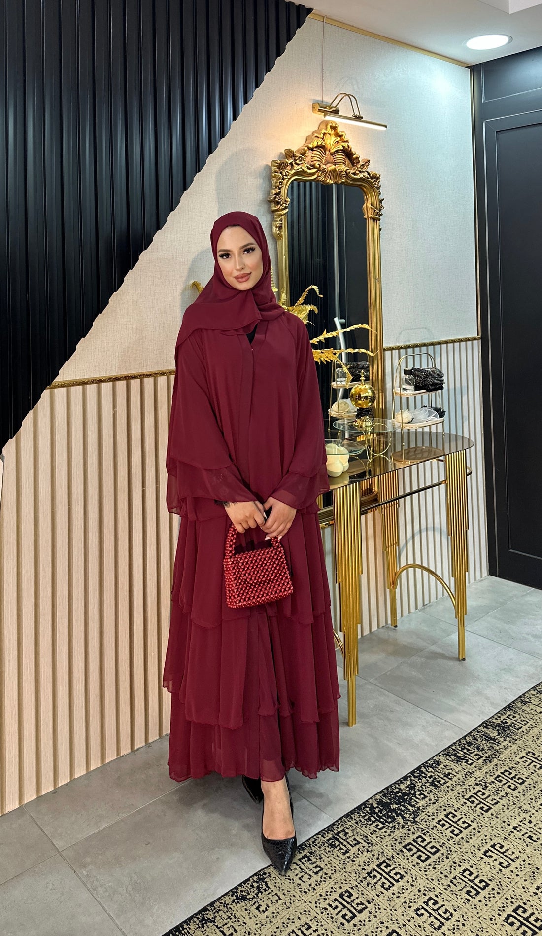 Üç Katlı Bordo Abaya