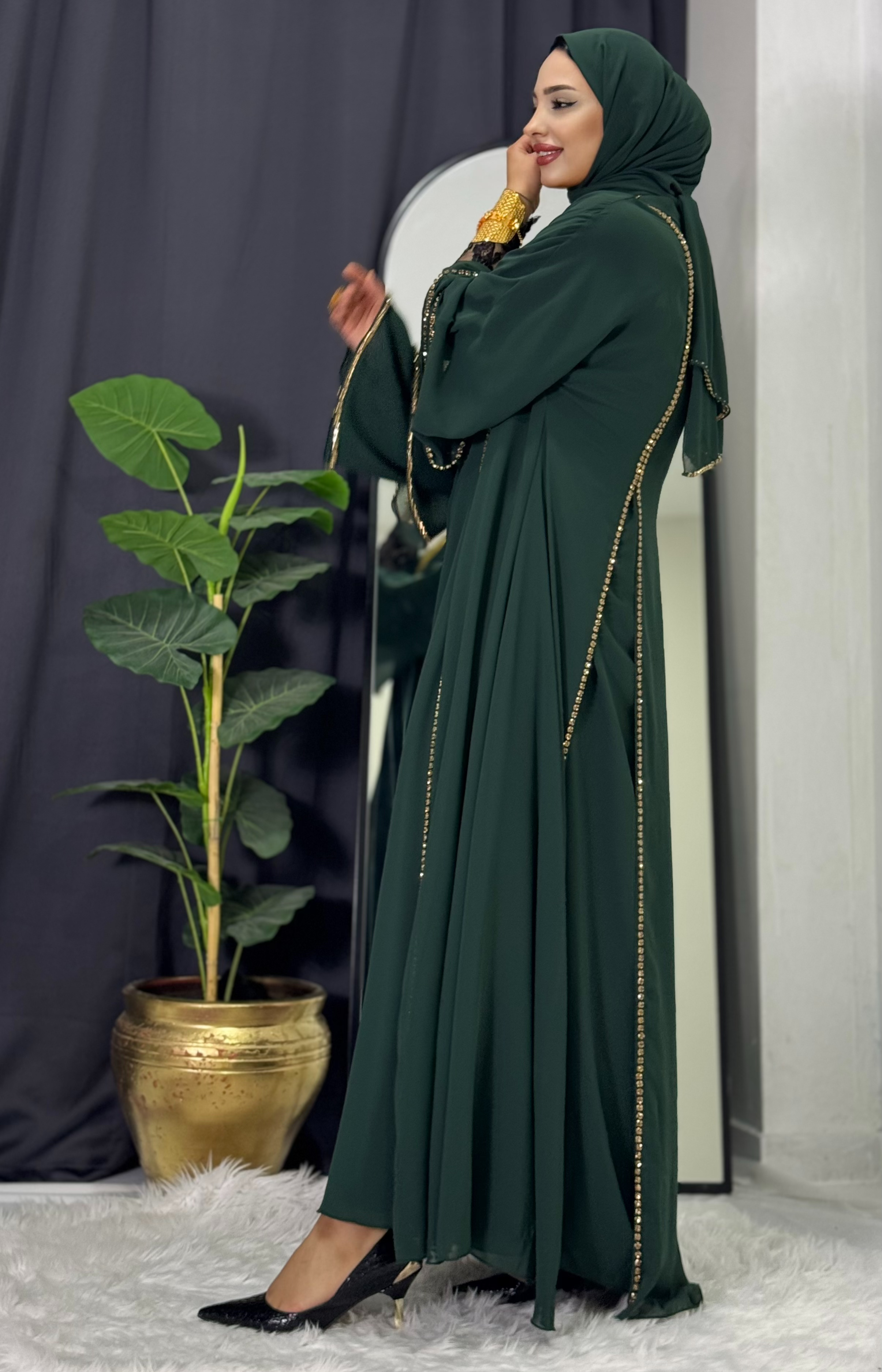 Chiffon Green Abaya with Front Slit and Gold Stones