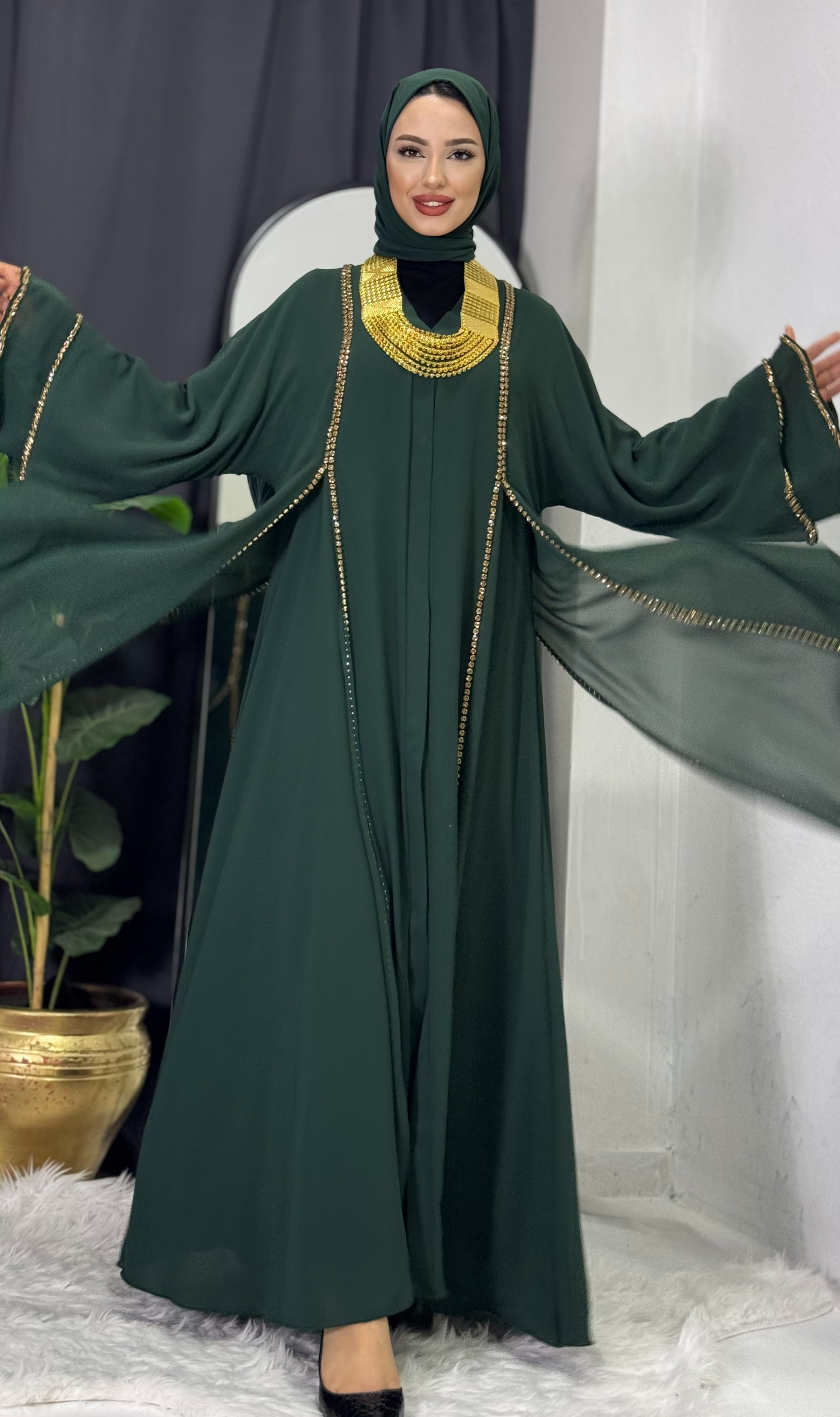 Chiffon Green Abaya with Front Slit and Gold Stones