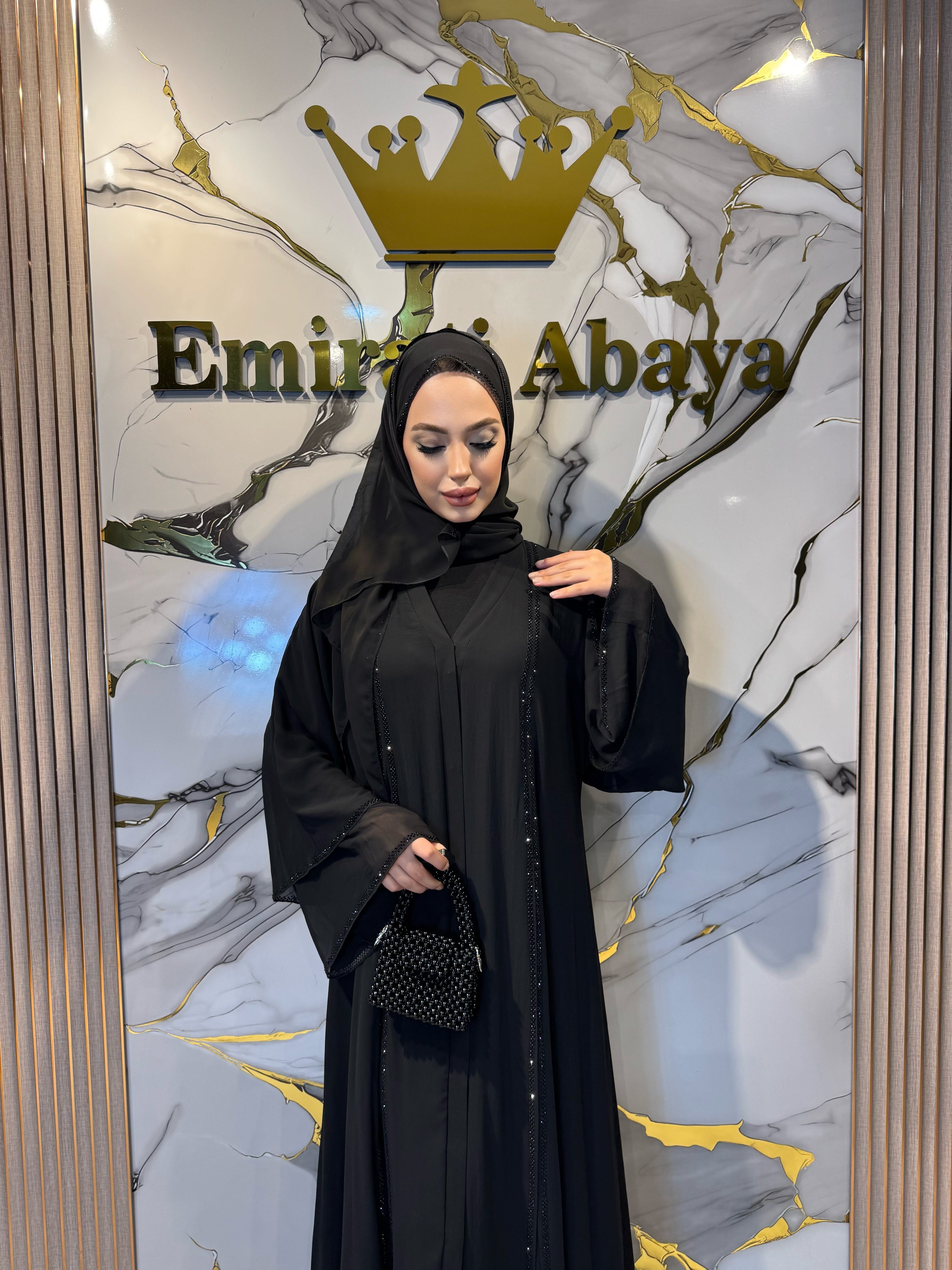 Black Abaya with Front Slit and Black Stones
