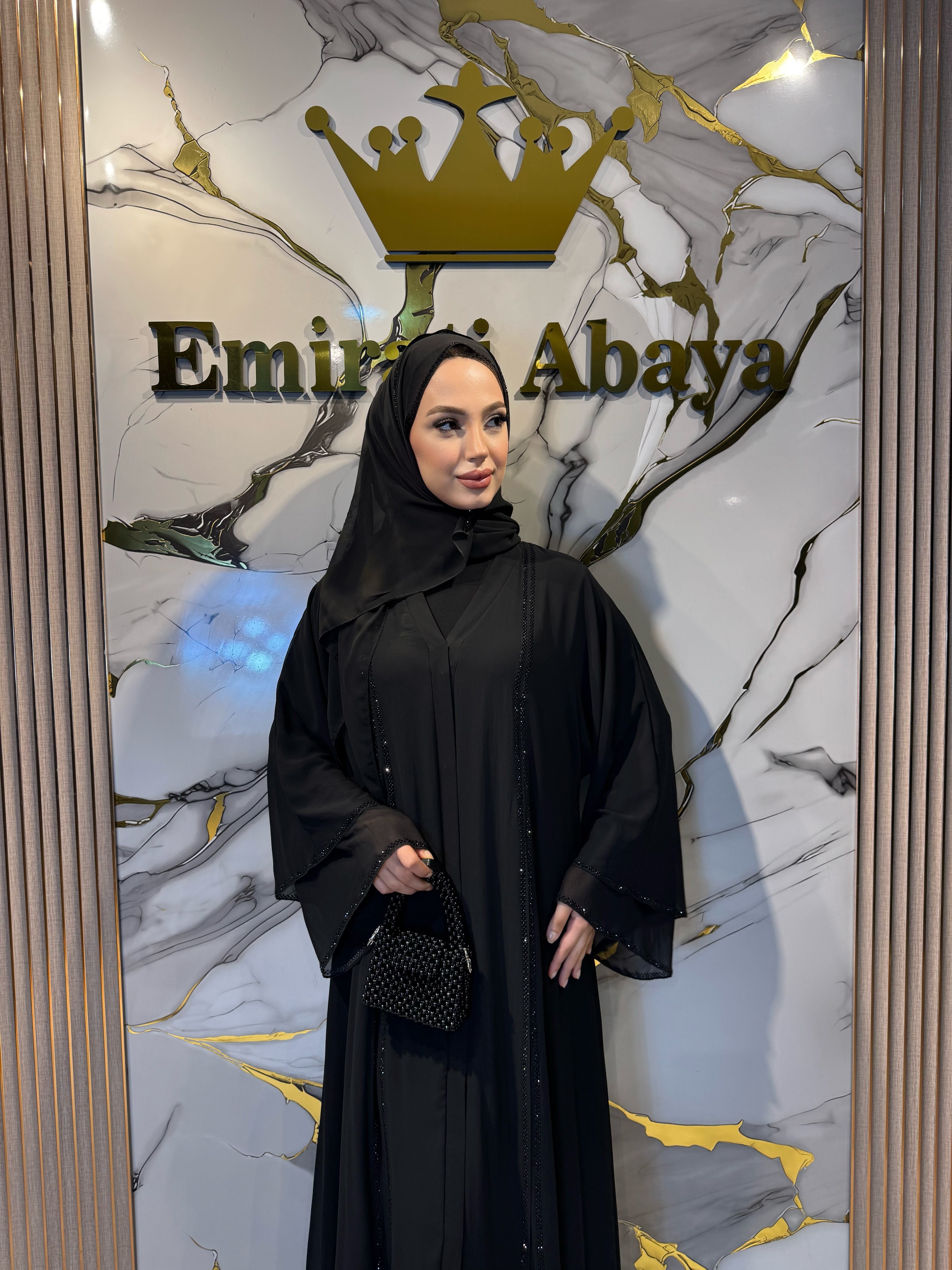 Black Abaya with Front Slit and Black Stones