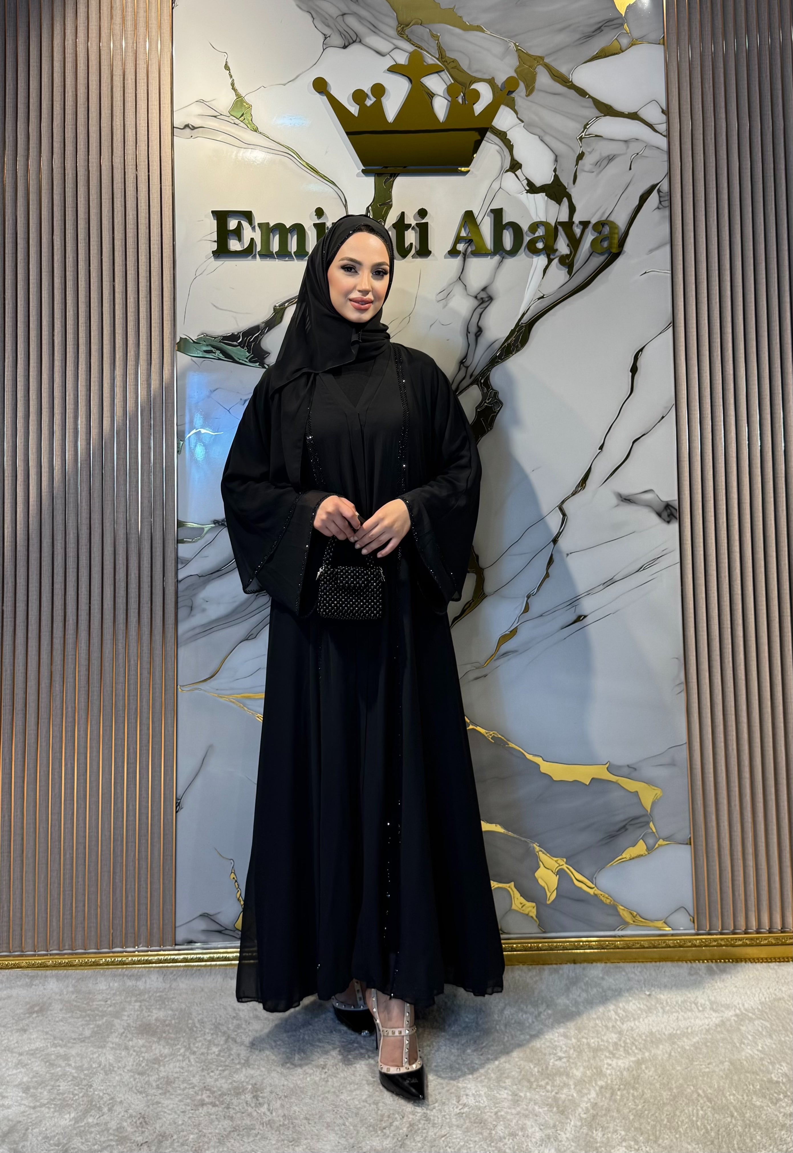 Black Abaya with Front Slit and Black Stones