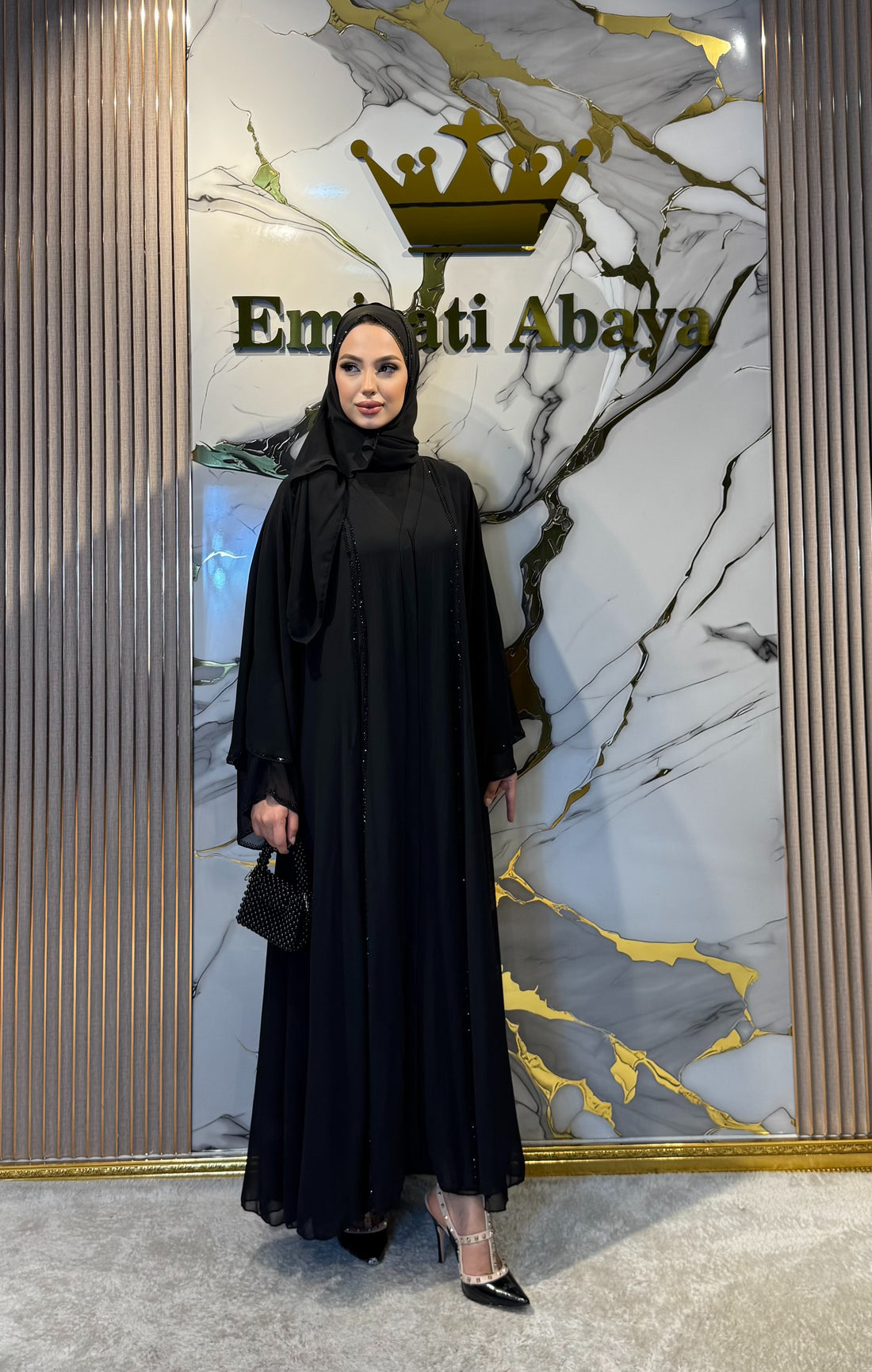 Black Abaya with Front Slit and Black Stones