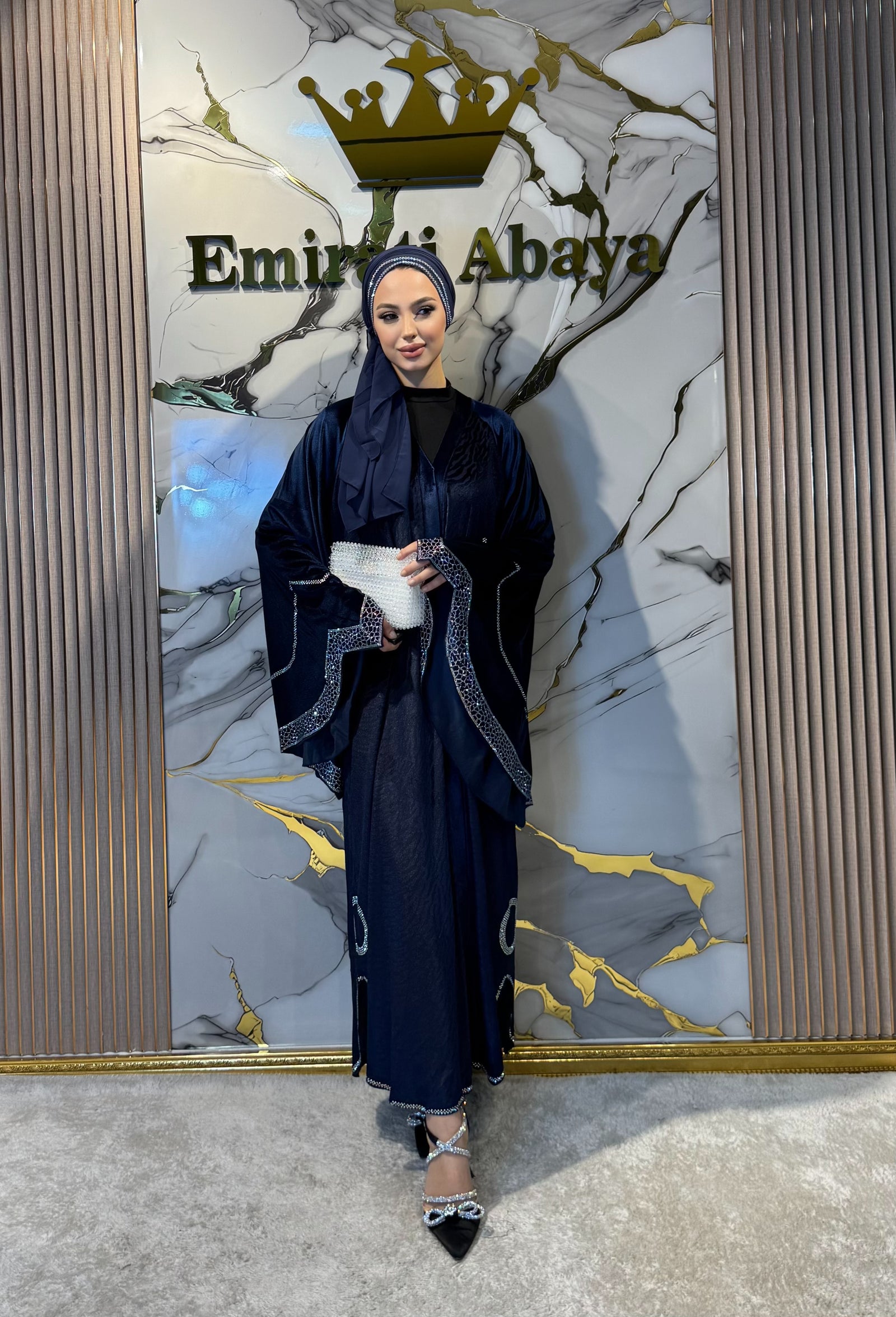 JanJan Stone Detail Navy Blue Velvet Abaya - Stylish and Elegant Model WS09 JSL