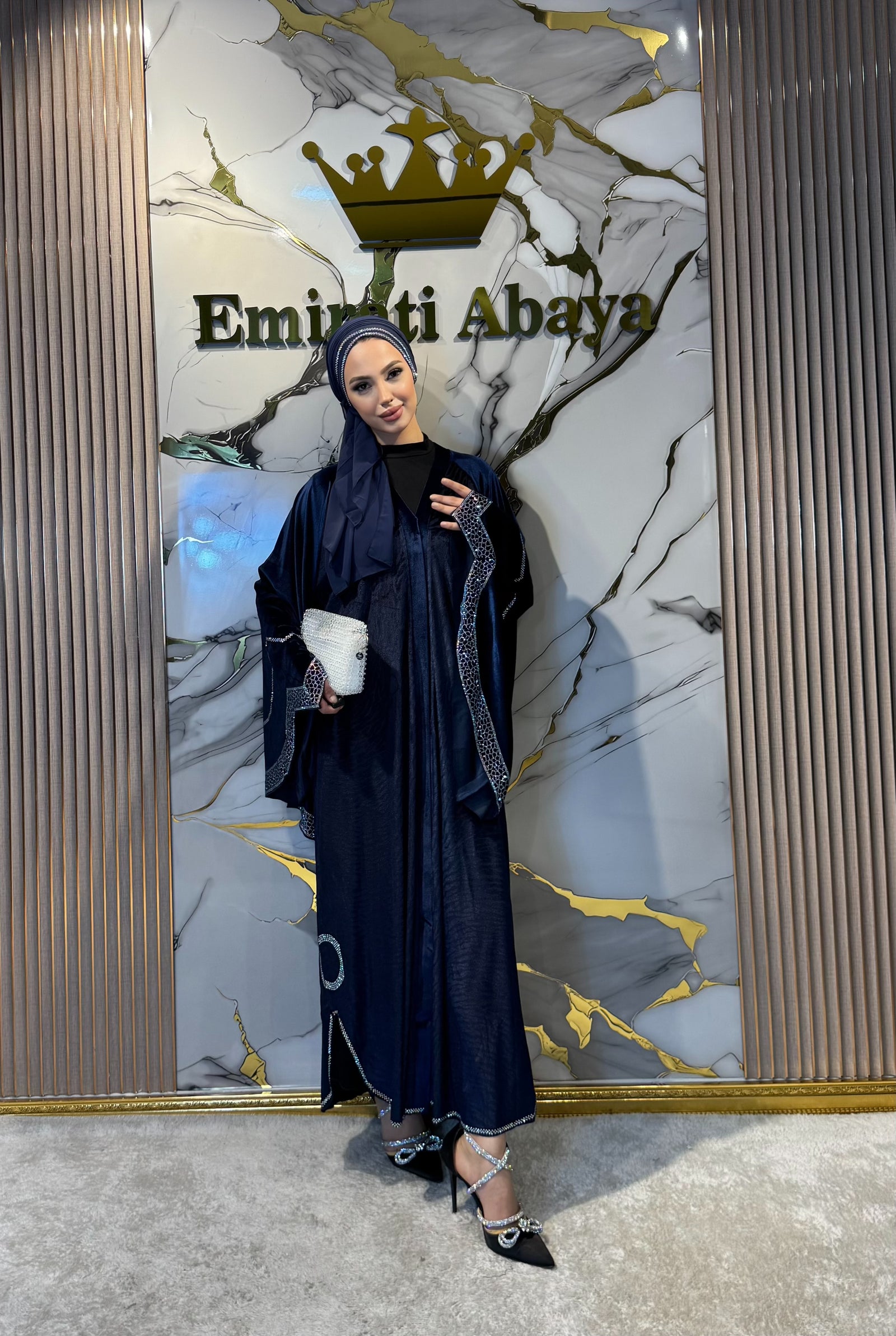 JanJan Stone Detail Navy Blue Velvet Abaya - Stylish and Elegant Model WS09 JSL