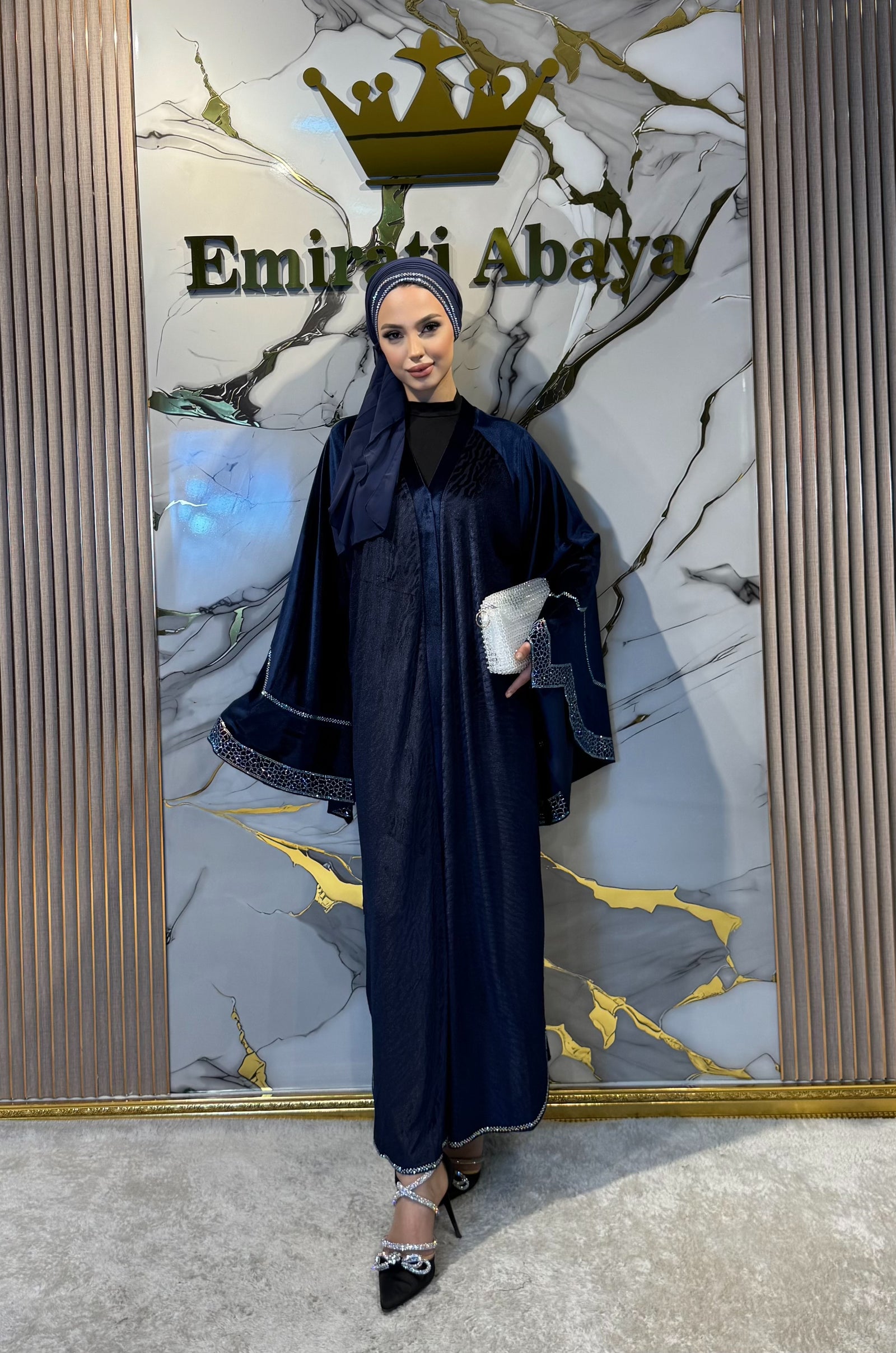 JanJan Stone Detail Navy Blue Velvet Abaya - Stylish and Elegant Model WS09 JSL