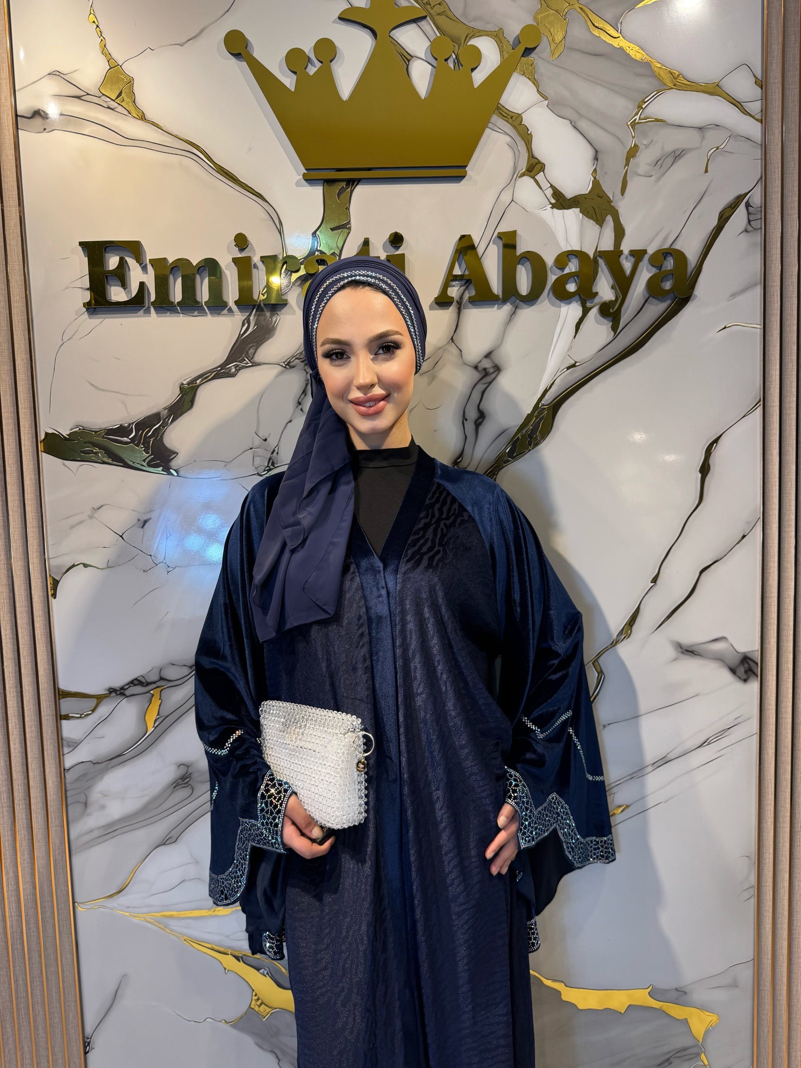 JanJan Stone Detail Navy Blue Velvet Abaya - Stylish and Elegant Model WS09 JSL
