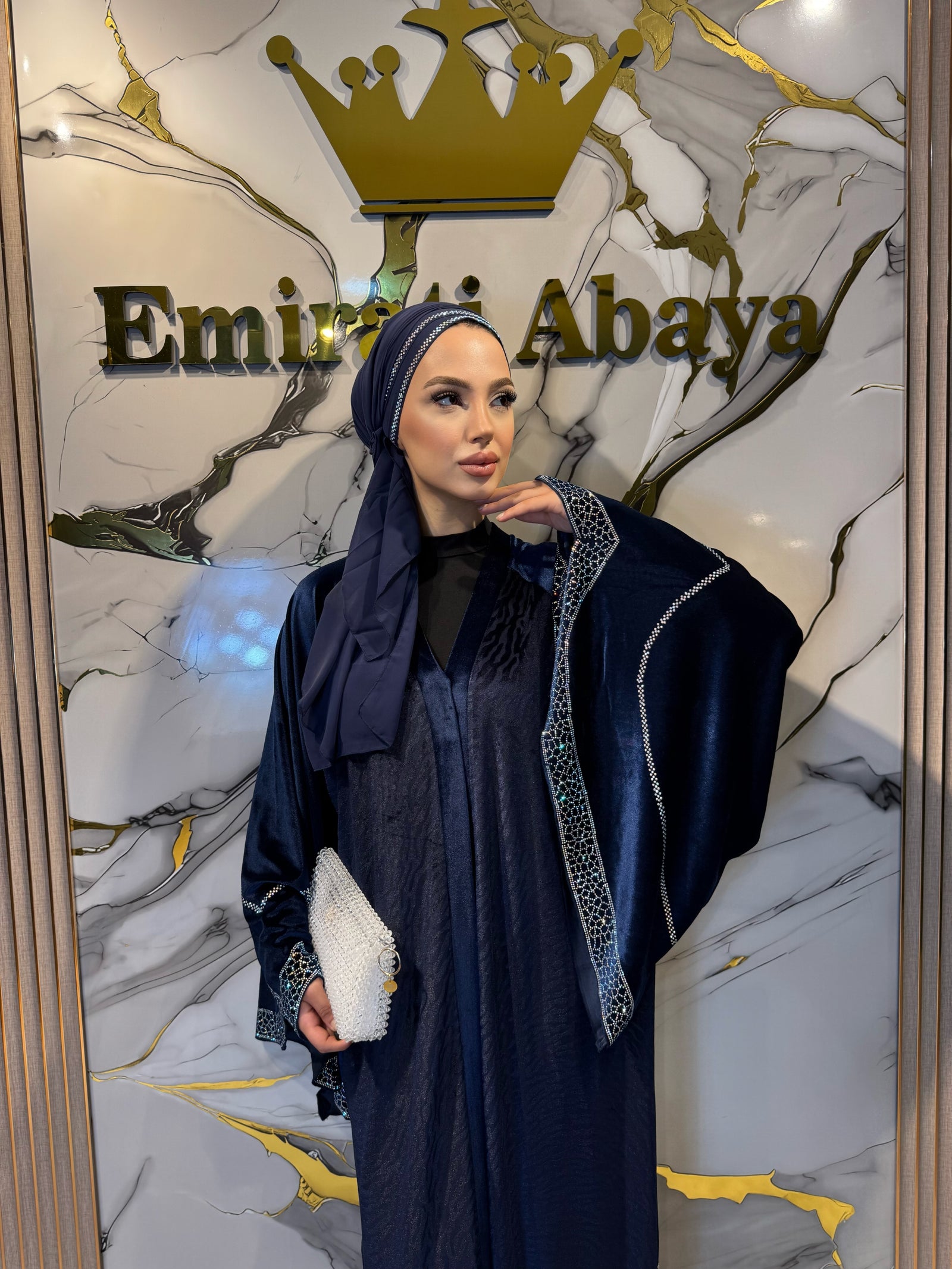 JanJan Stone Detail Navy Blue Velvet Abaya - Stylish and Elegant Model WS09 JSL