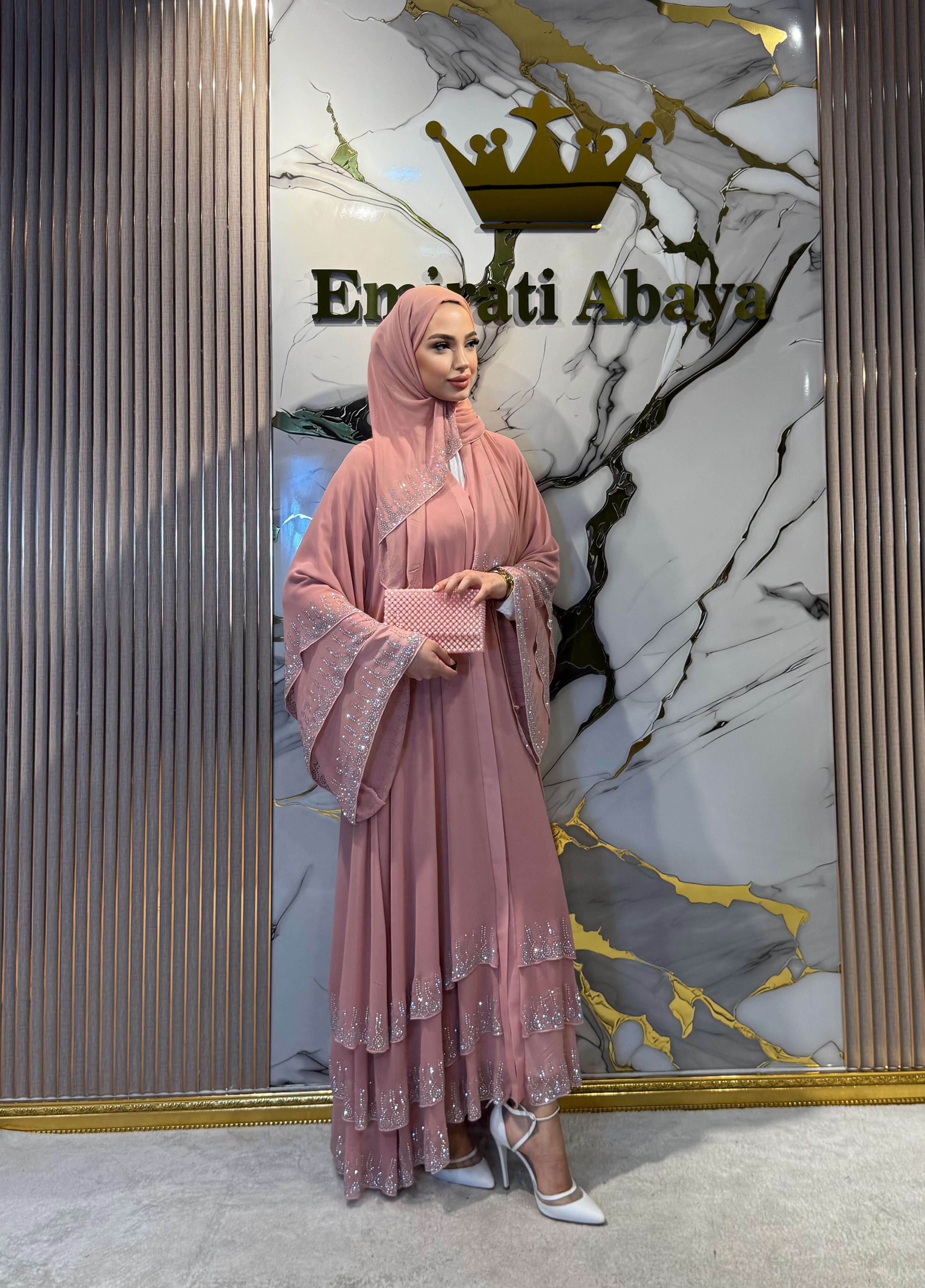 Etek Uçları Janjan Taşlı Pembe Abaya