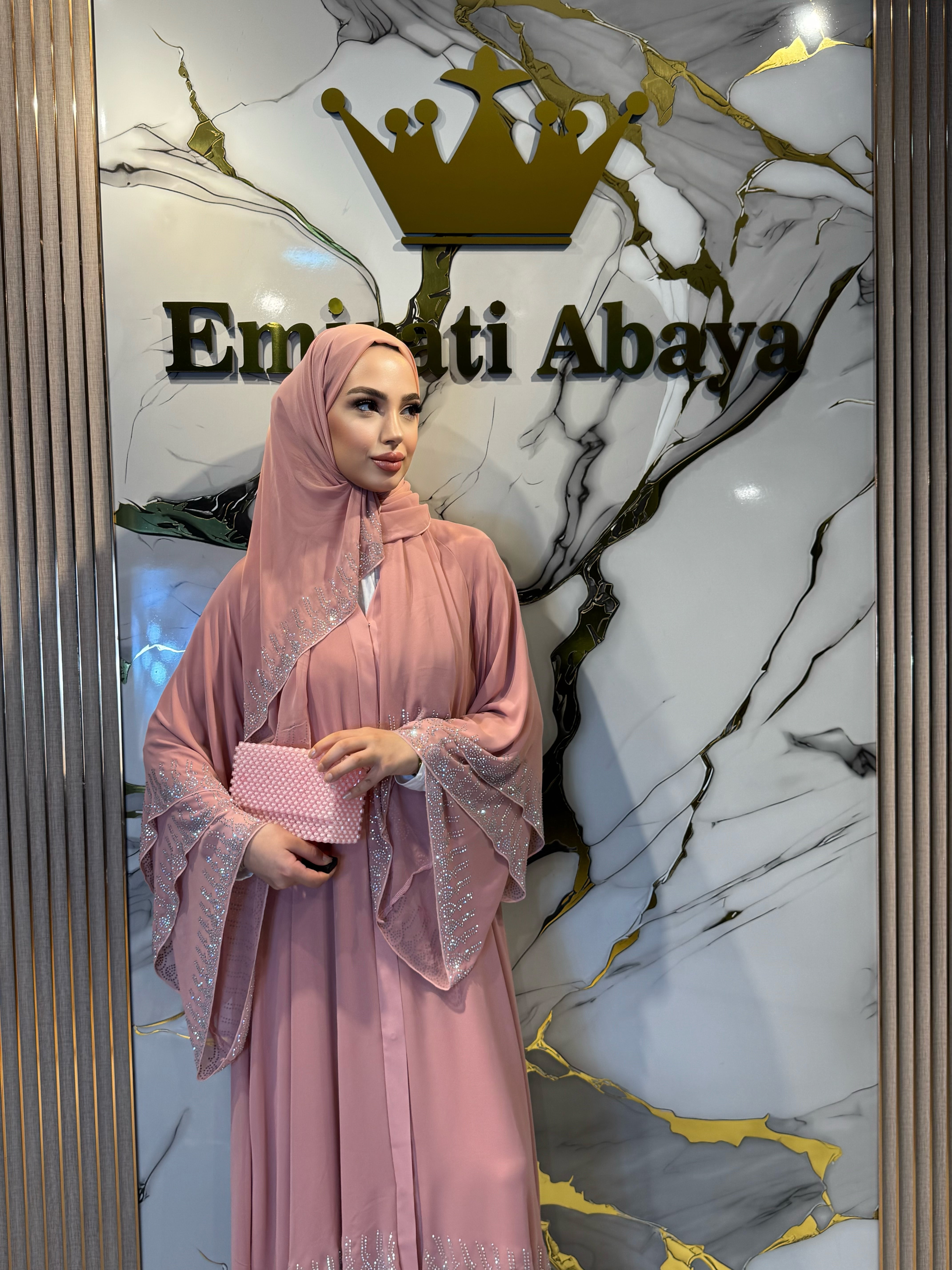 Etek Uçları Janjan Taşlı Pembe Abaya