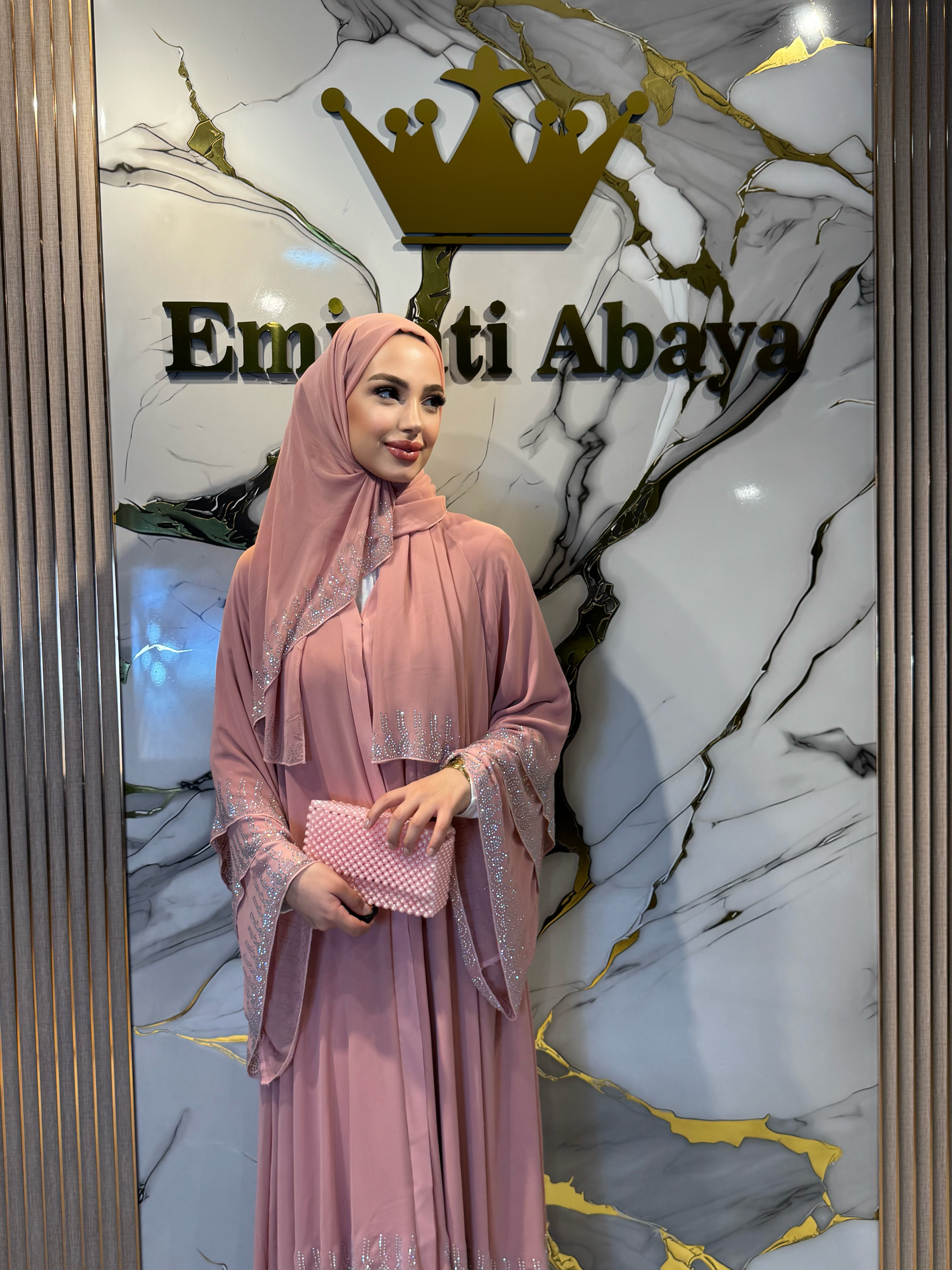 Etek Uçları Janjan Taşlı Pembe Abaya
