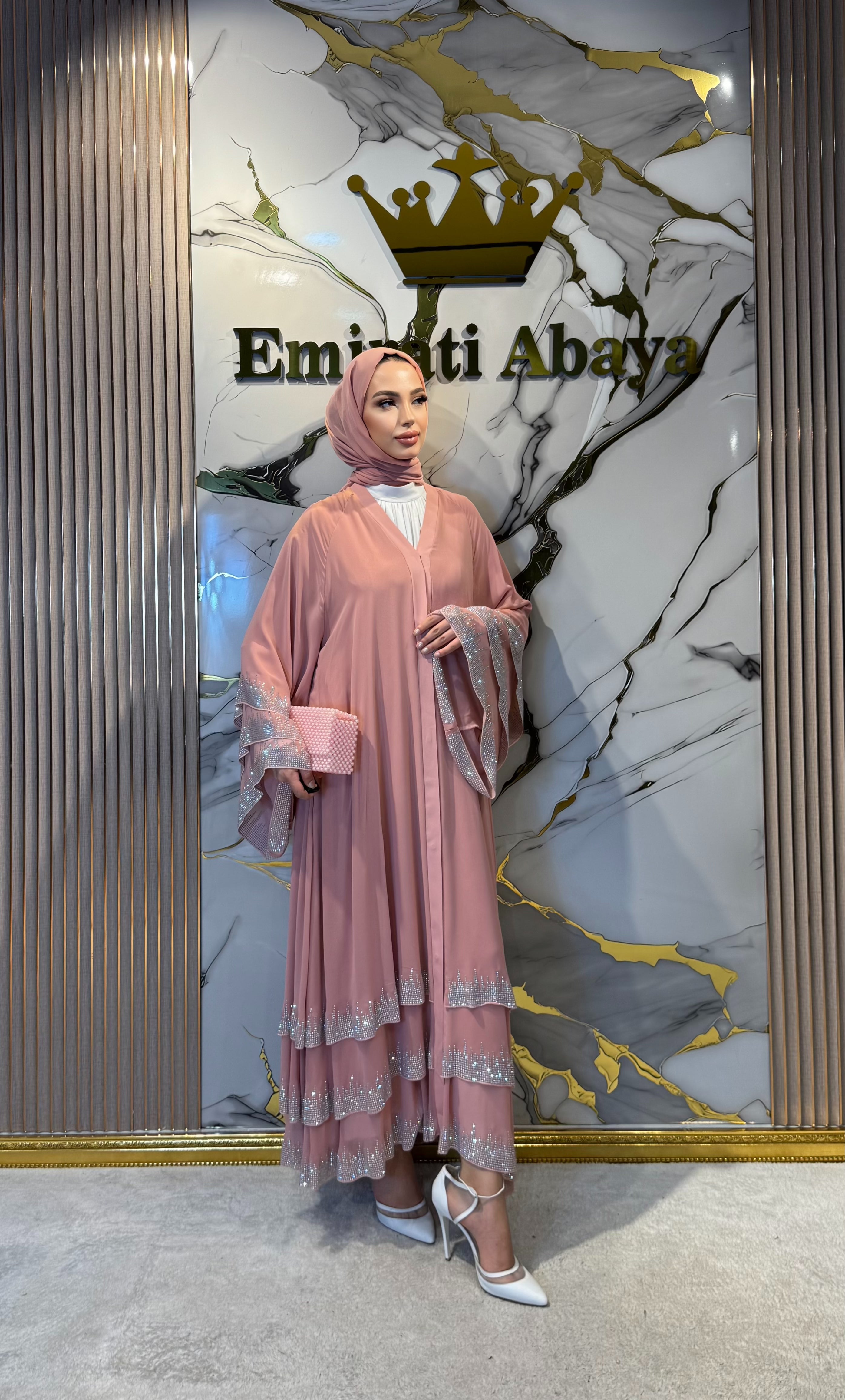 Etek Uçları Işıltılı Taşlı Pembe Abaya