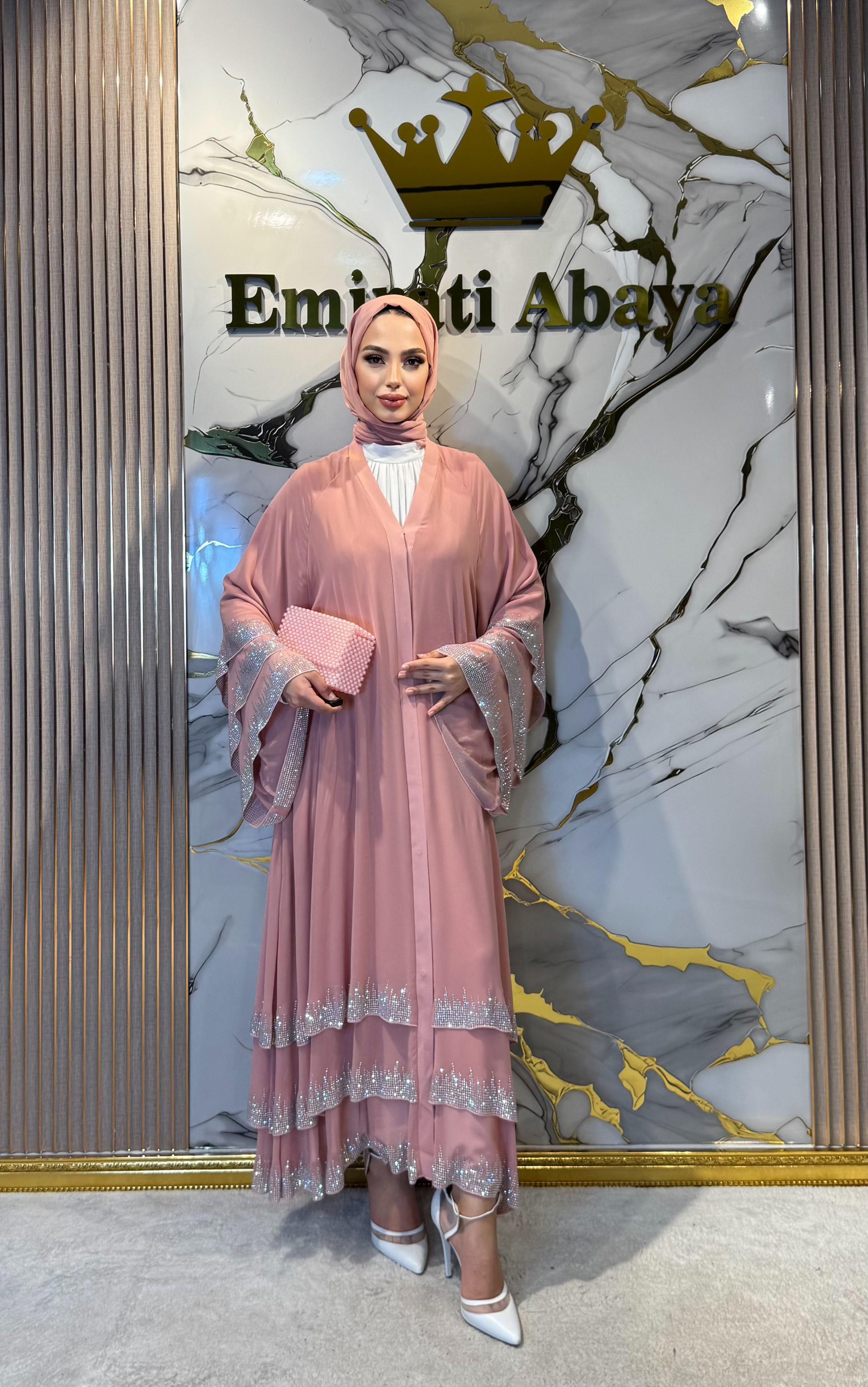 Etek Uçları Işıltılı Taşlı Pembe Abaya