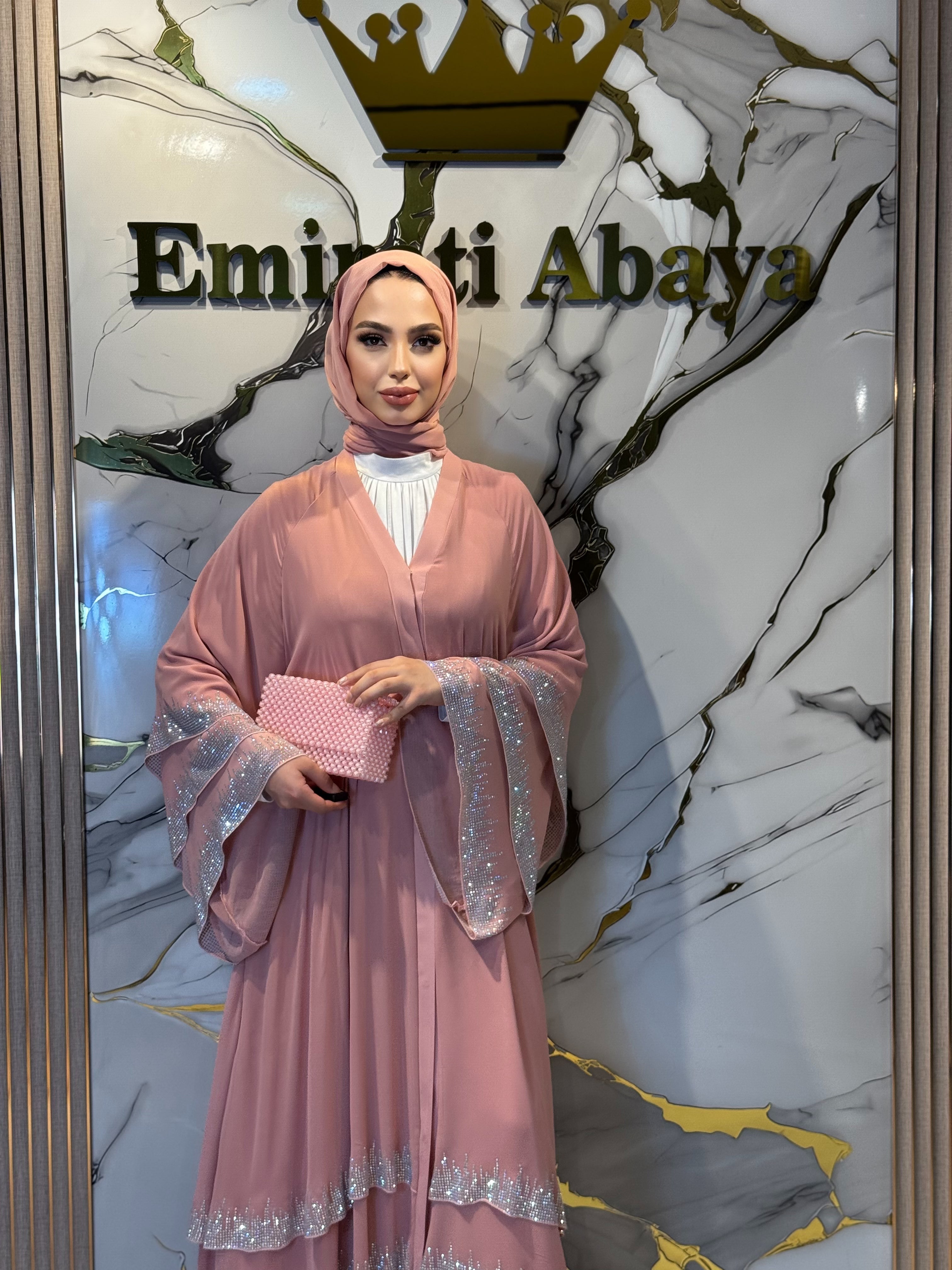 Etek Uçları Işıltılı Taşlı Pembe Abaya