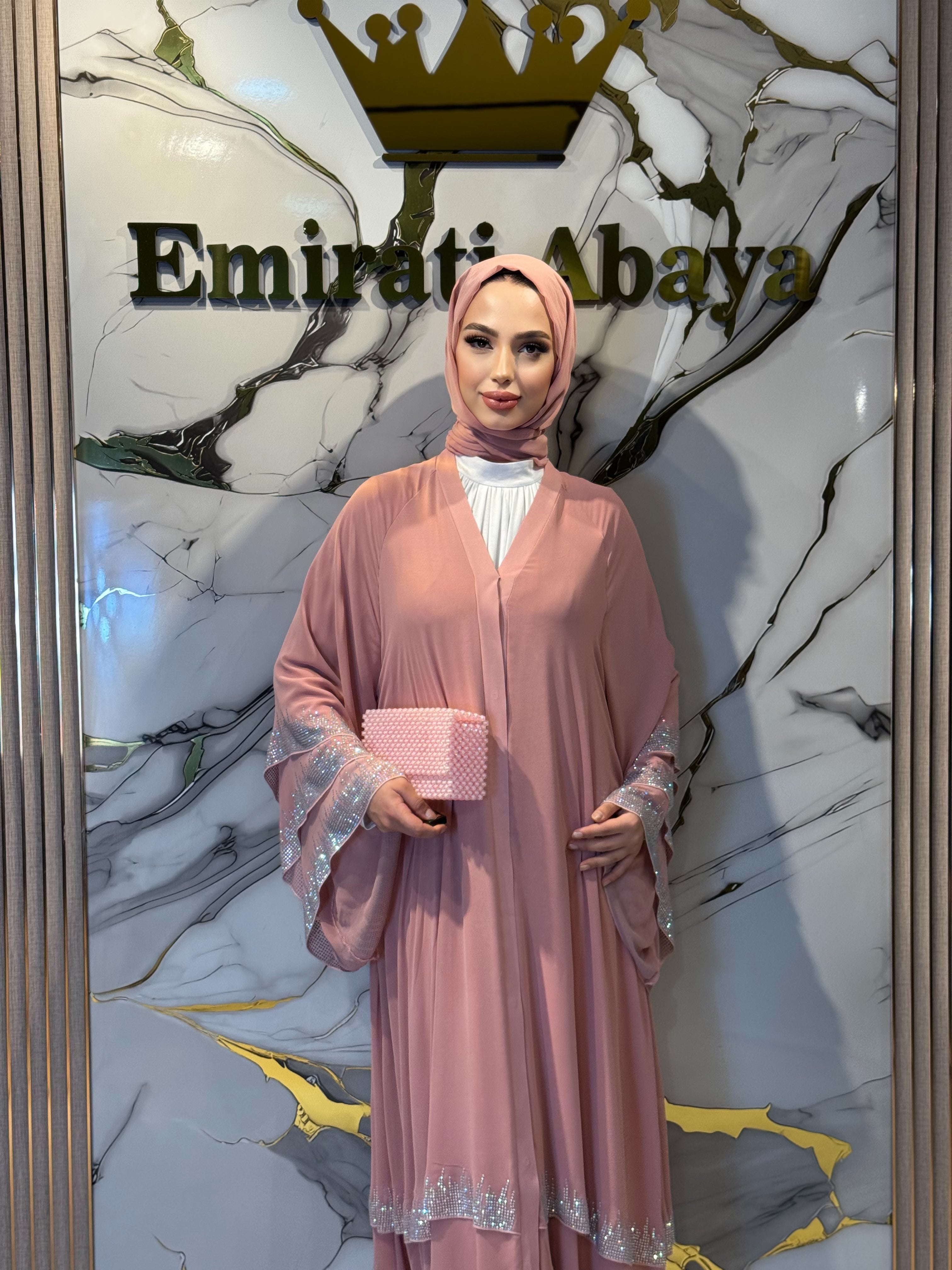 Etek Uçları Işıltılı Taşlı Pembe Abaya