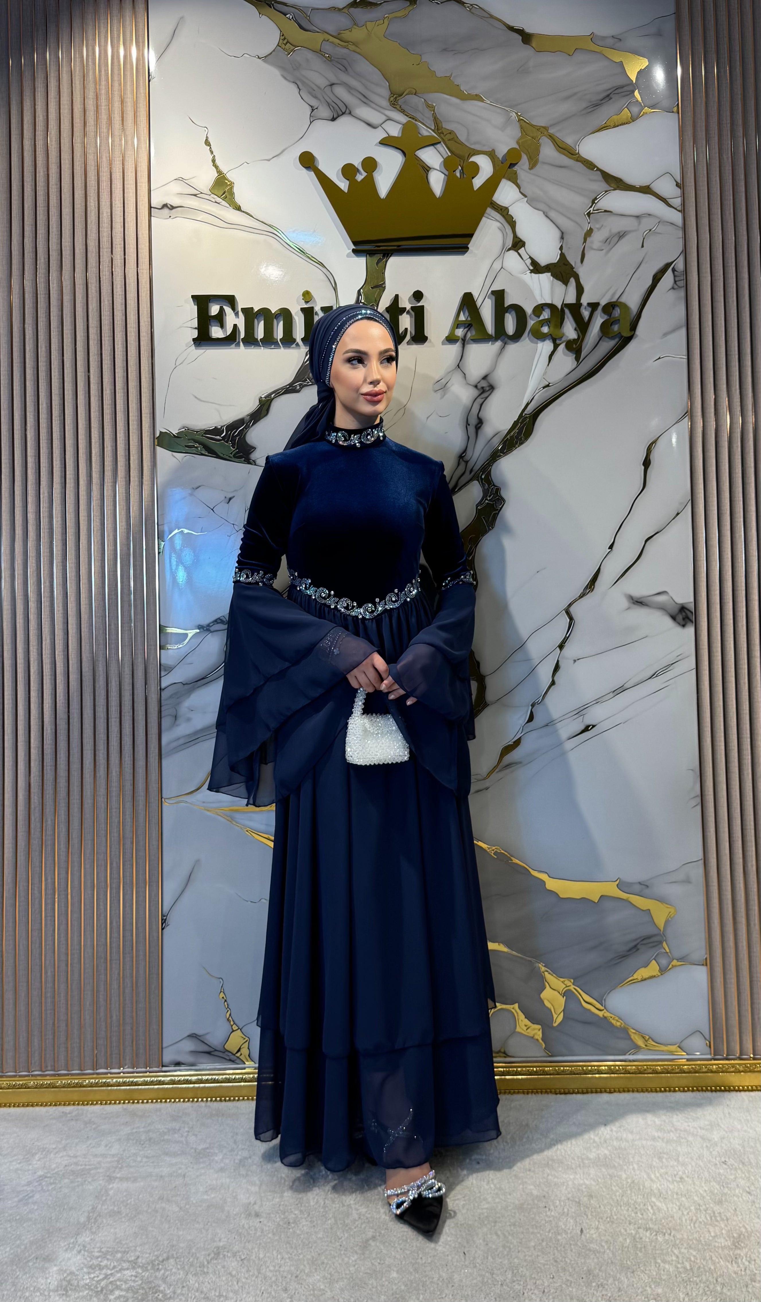 Royal Midnight Serenade Lacivert Kadife Şifon Janjan Taşlı Abiye Elbise