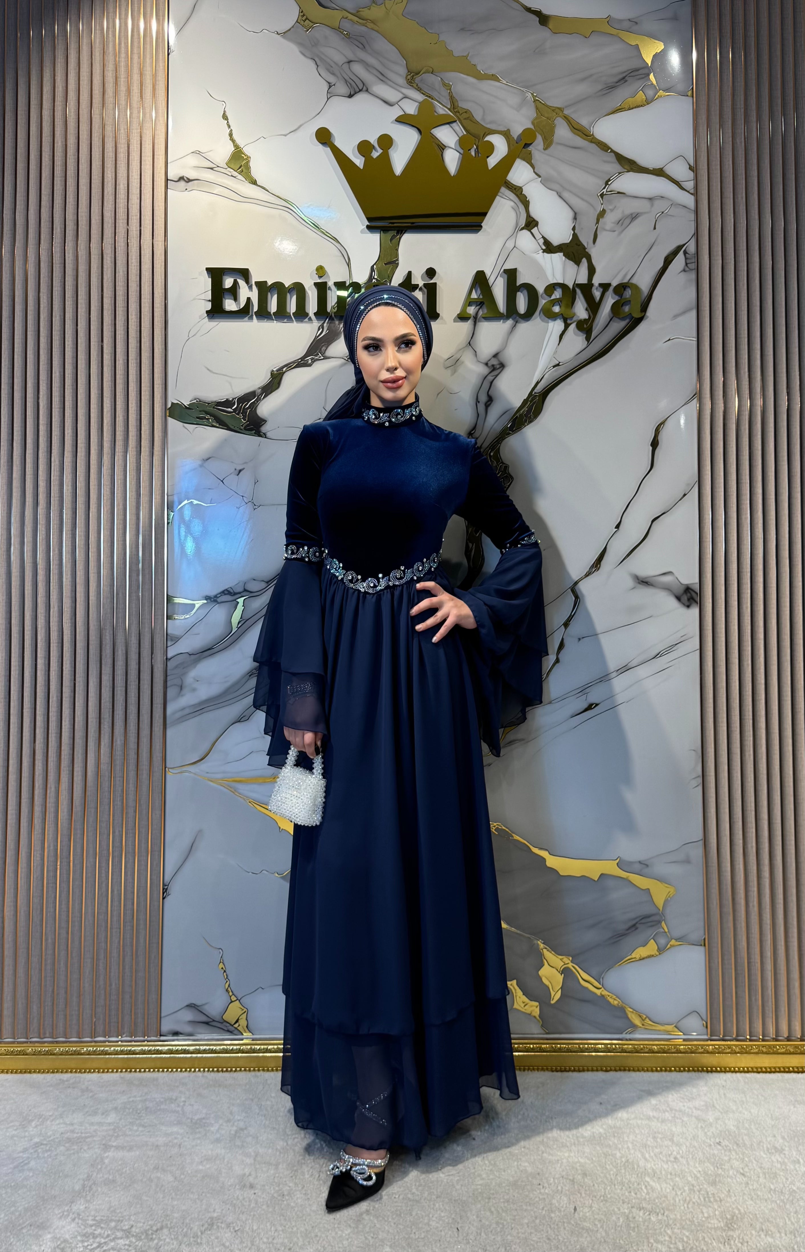 Royal Midnight Serenade Lacivert Kadife Şifon Janjan Taşlı Abiye Elbise