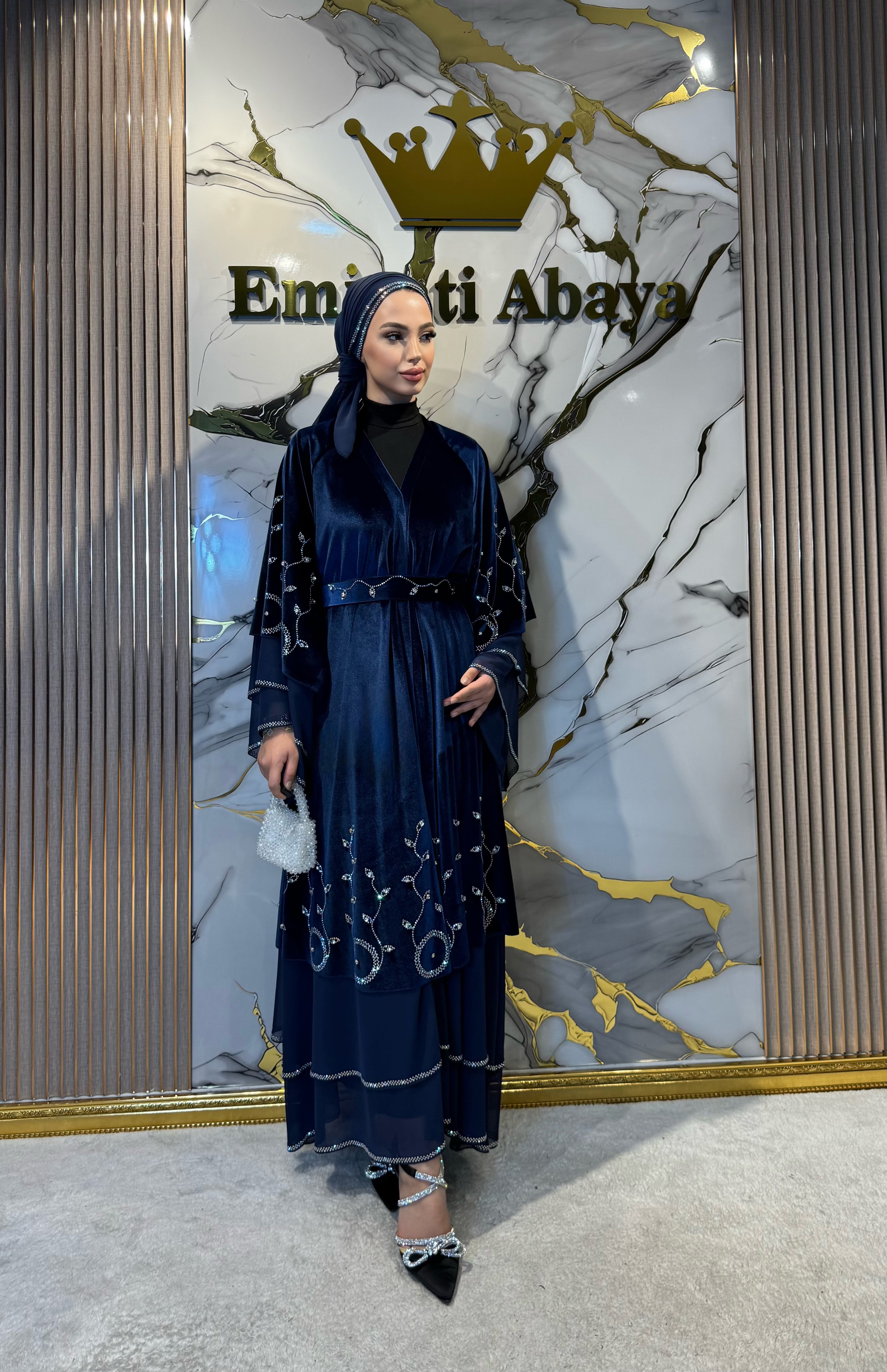 Gece Mavisi Kadife Taşlı Abaya
