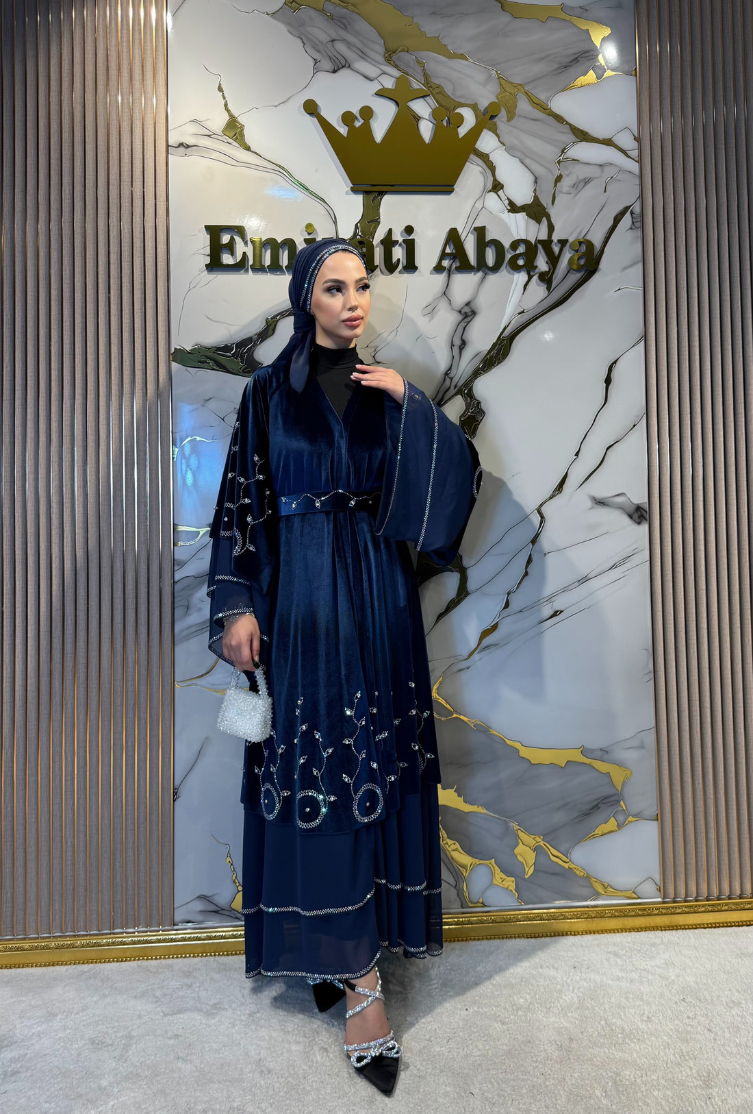 Midnight Blue Velvet Stoned Abaya