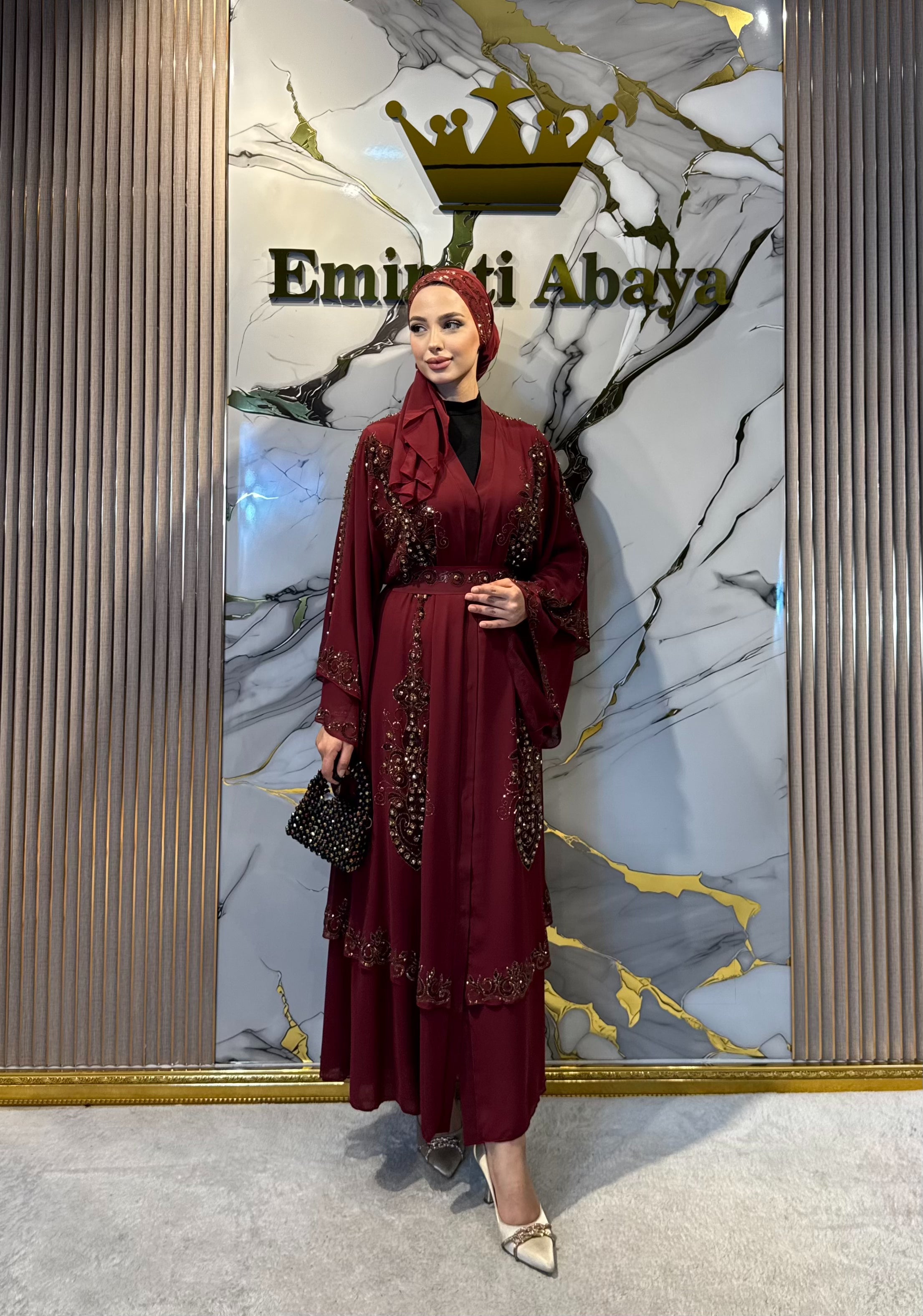 Gold Taşlı Çift Katlı Şifon Bordo Abaya