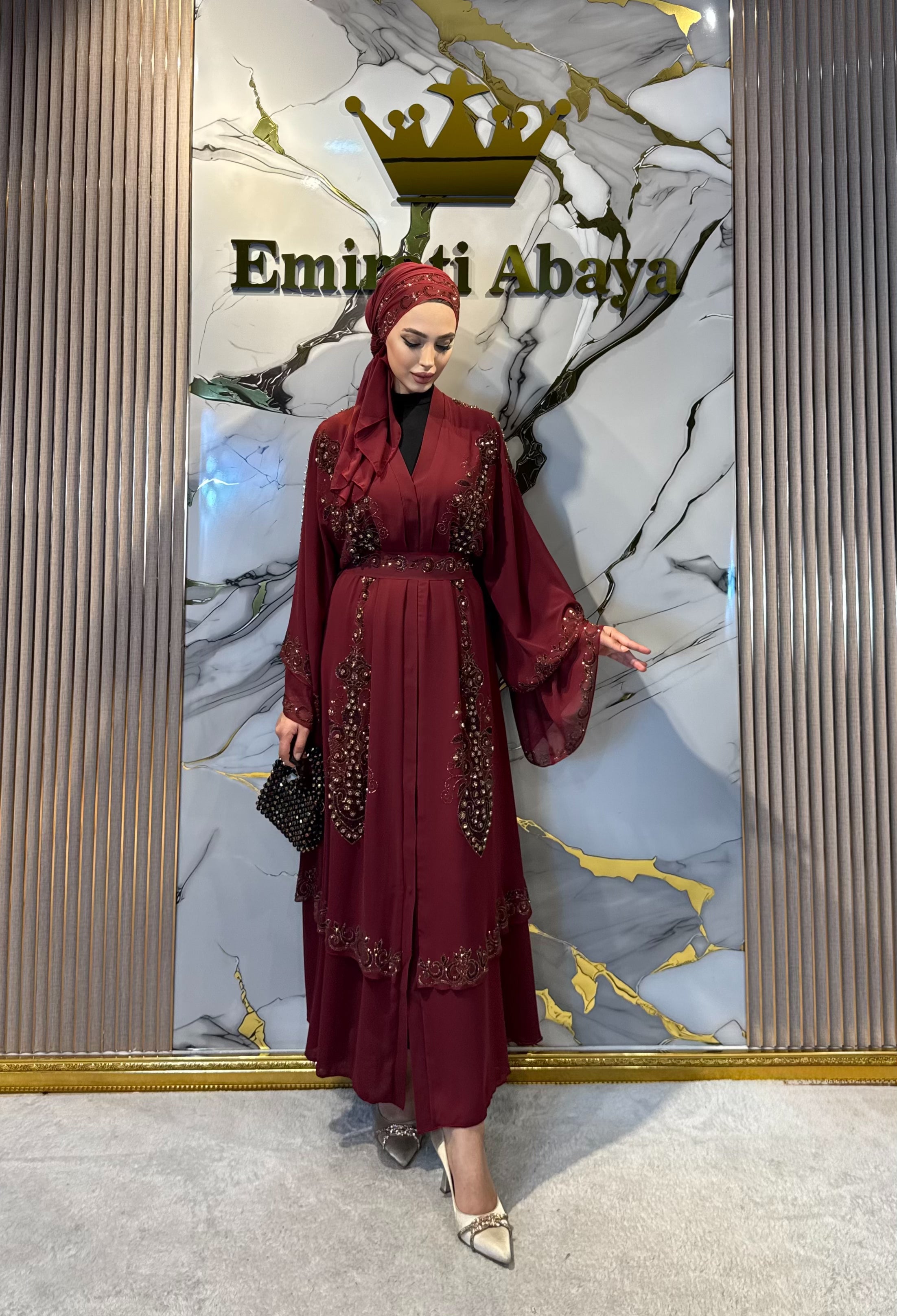 Gold Taşlı Çift Katlı Şifon Bordo Abaya