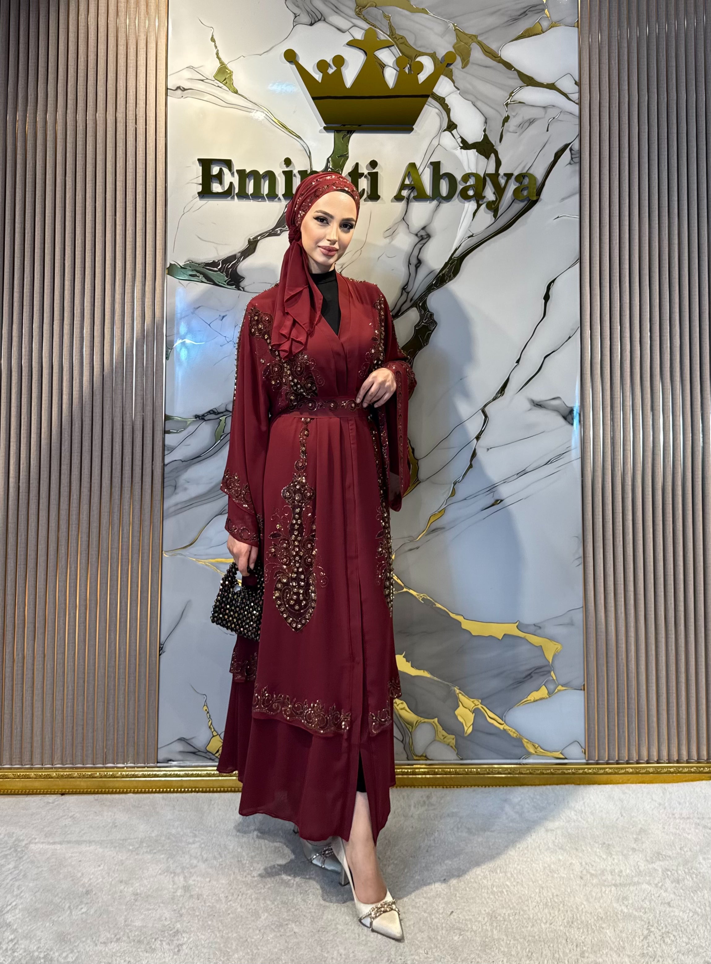 Gold Taşlı Çift Katlı Şifon Bordo Abaya