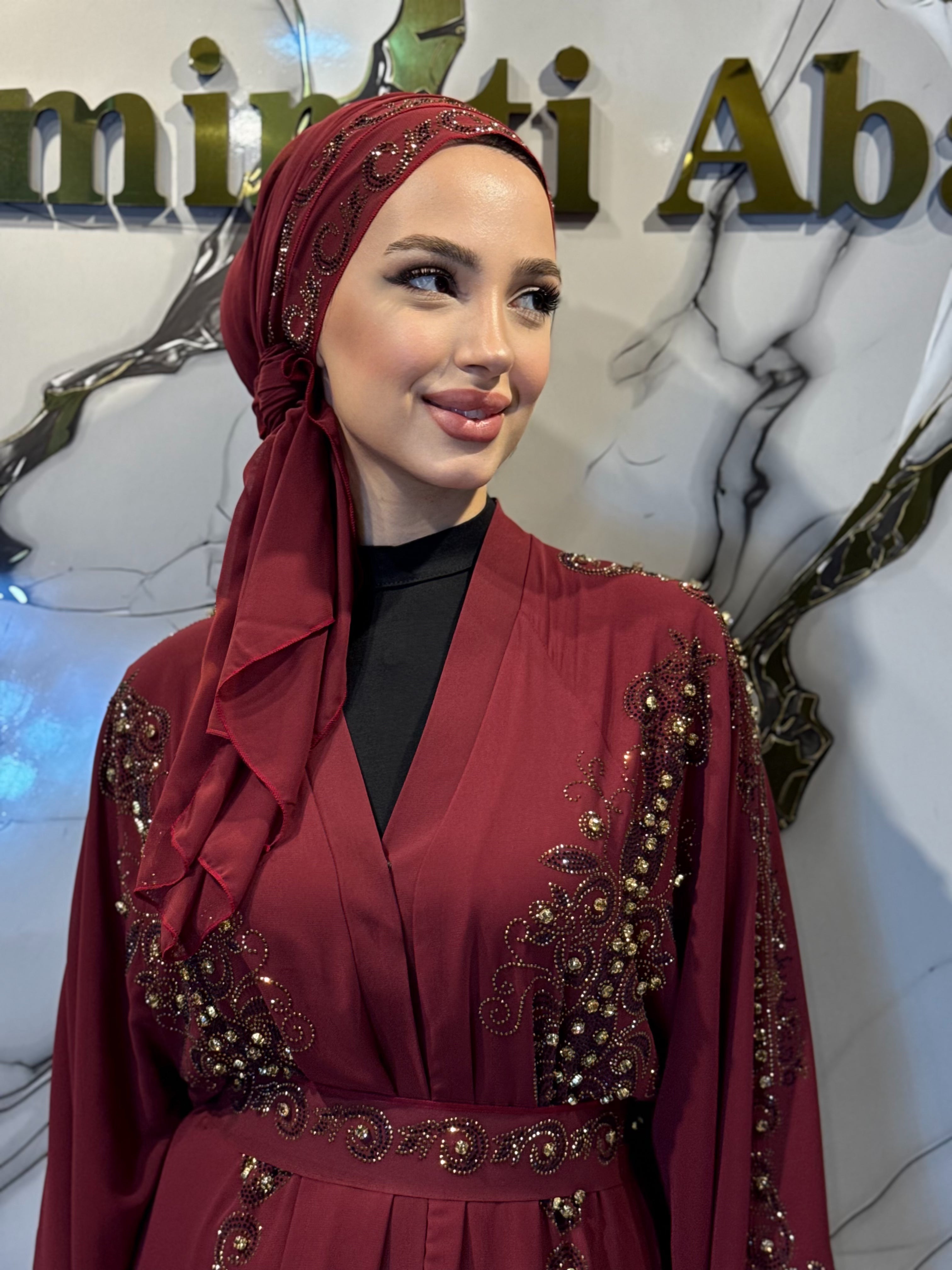 Gold Taşlı Çift Katlı Şifon Bordo Abaya