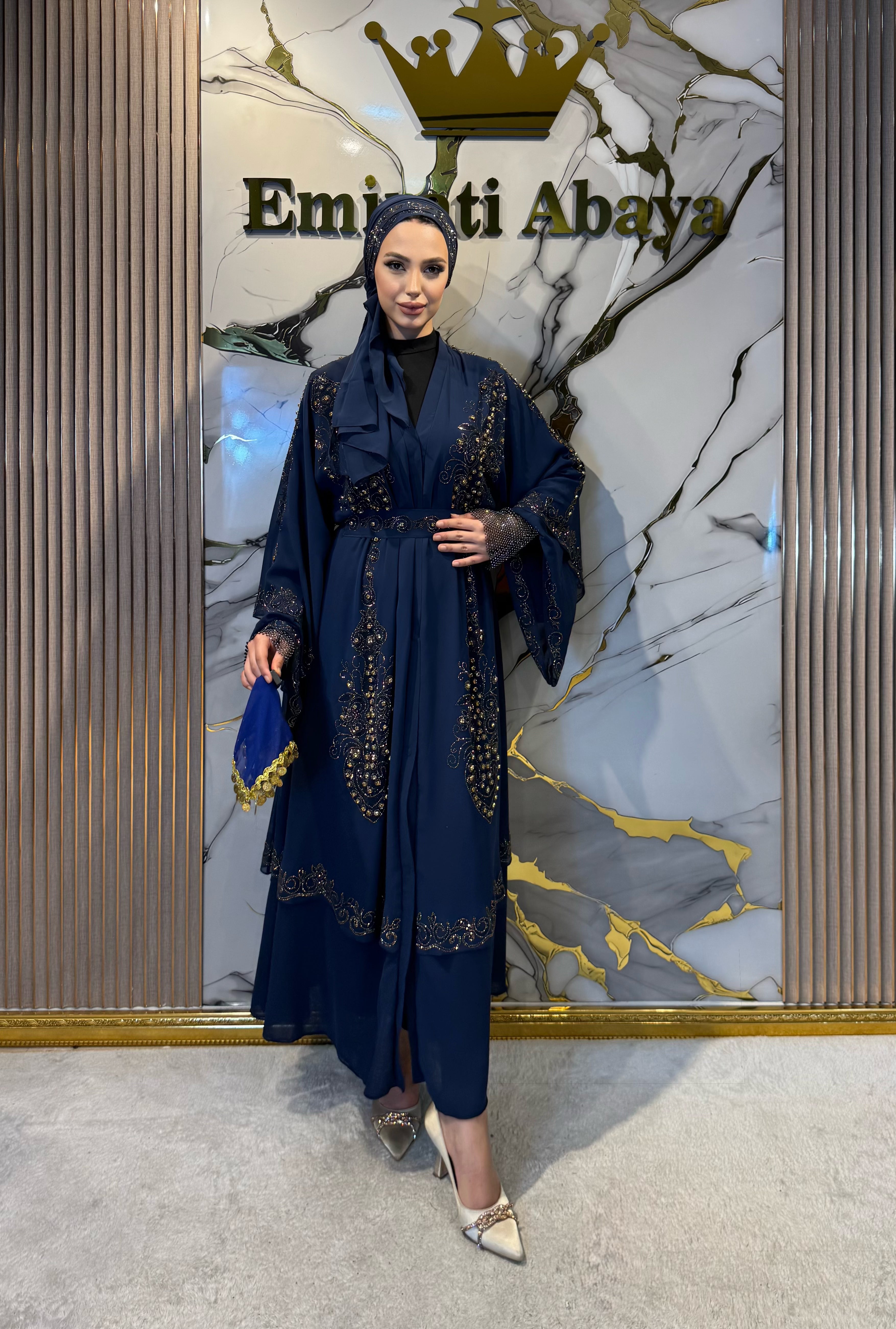 Gold Taşlı Çift Katlı Şifon Larcivet Abaya