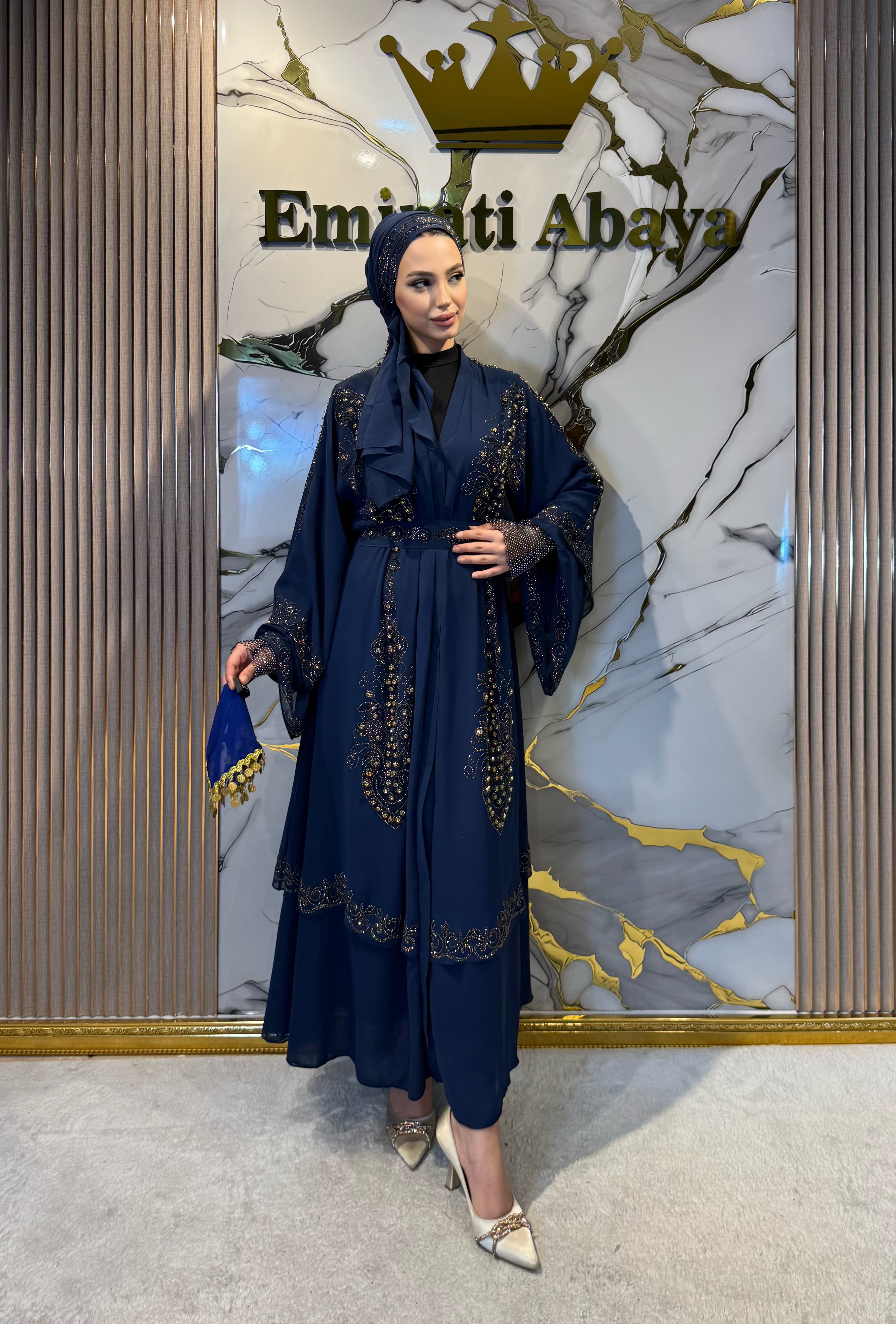 Gold Taşlı Çift Katlı Şifon Larcivet Abaya