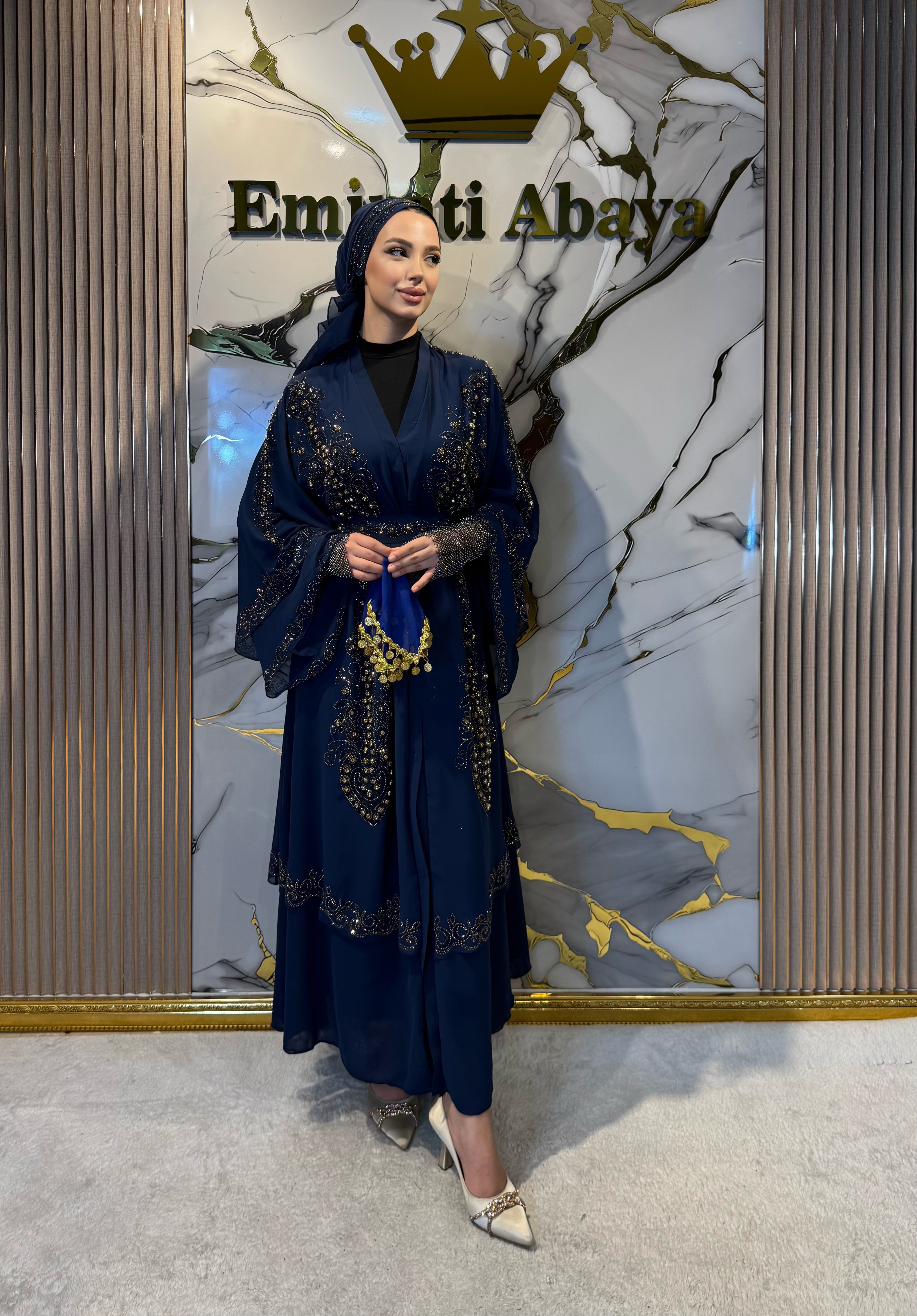 Gold Taşlı Çift Katlı Şifon Larcivet Abaya