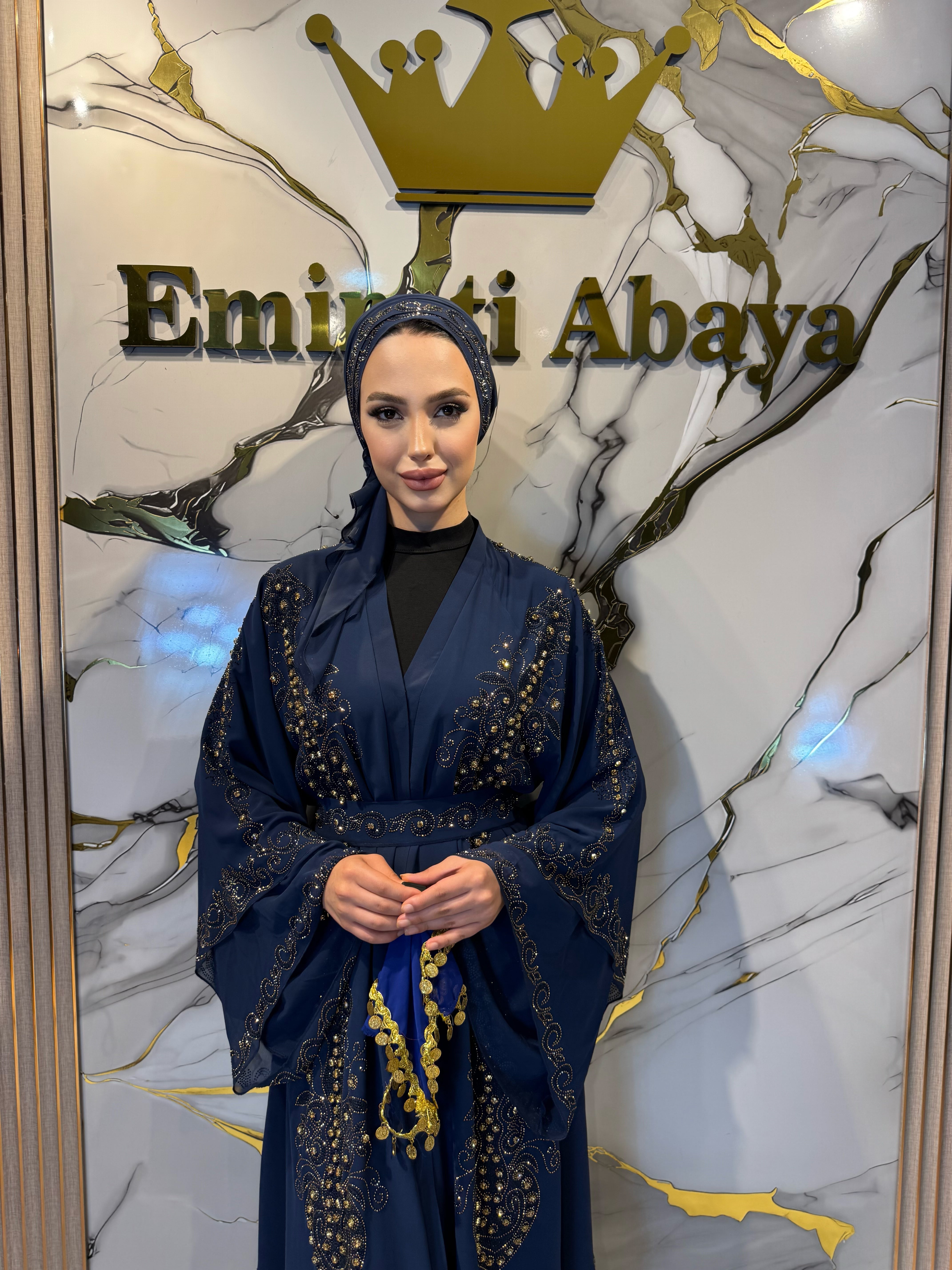 Gold Taşlı Çift Katlı Şifon Larcivet Abaya